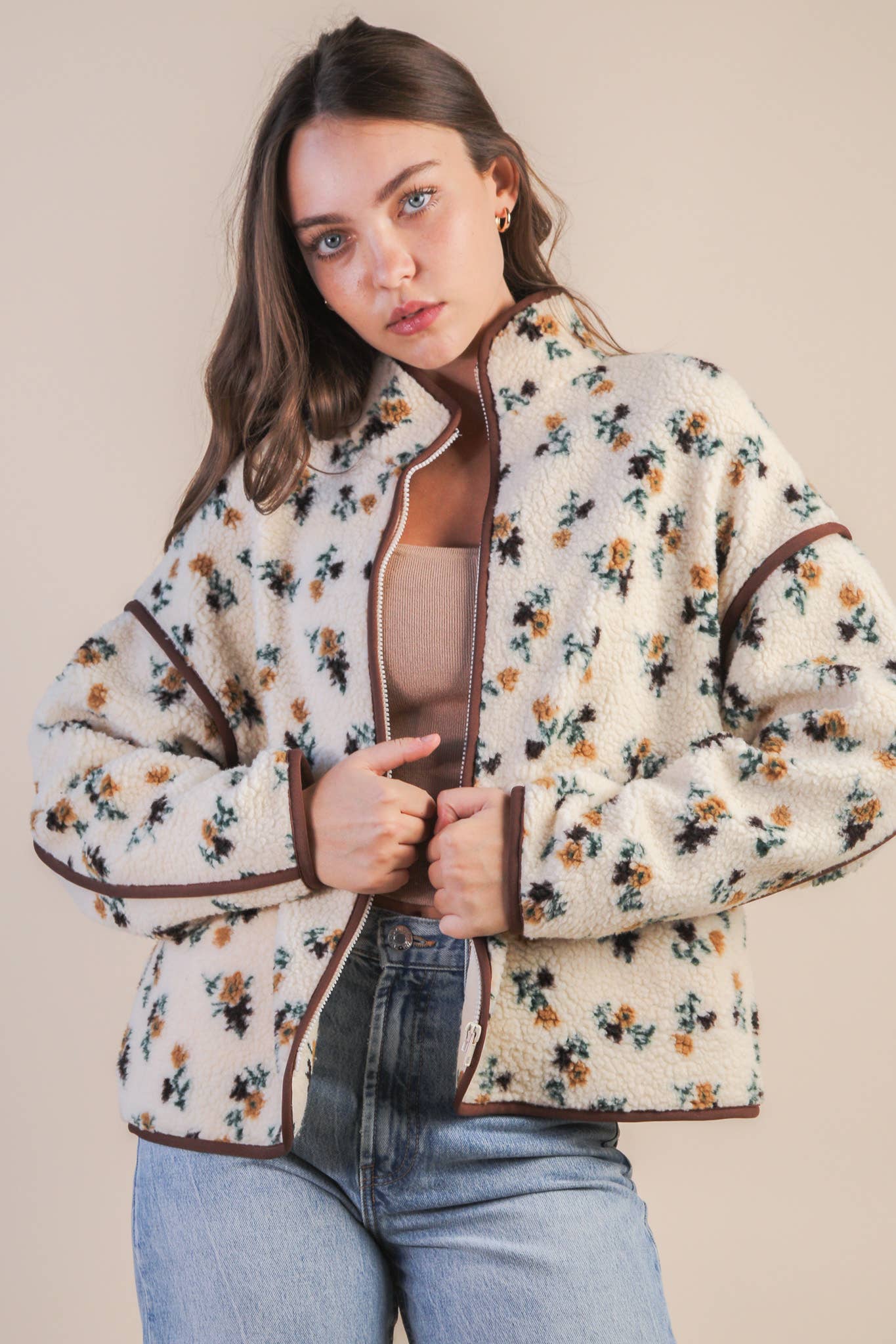 Oversized Floral Printed Casual Fleece Jacket
