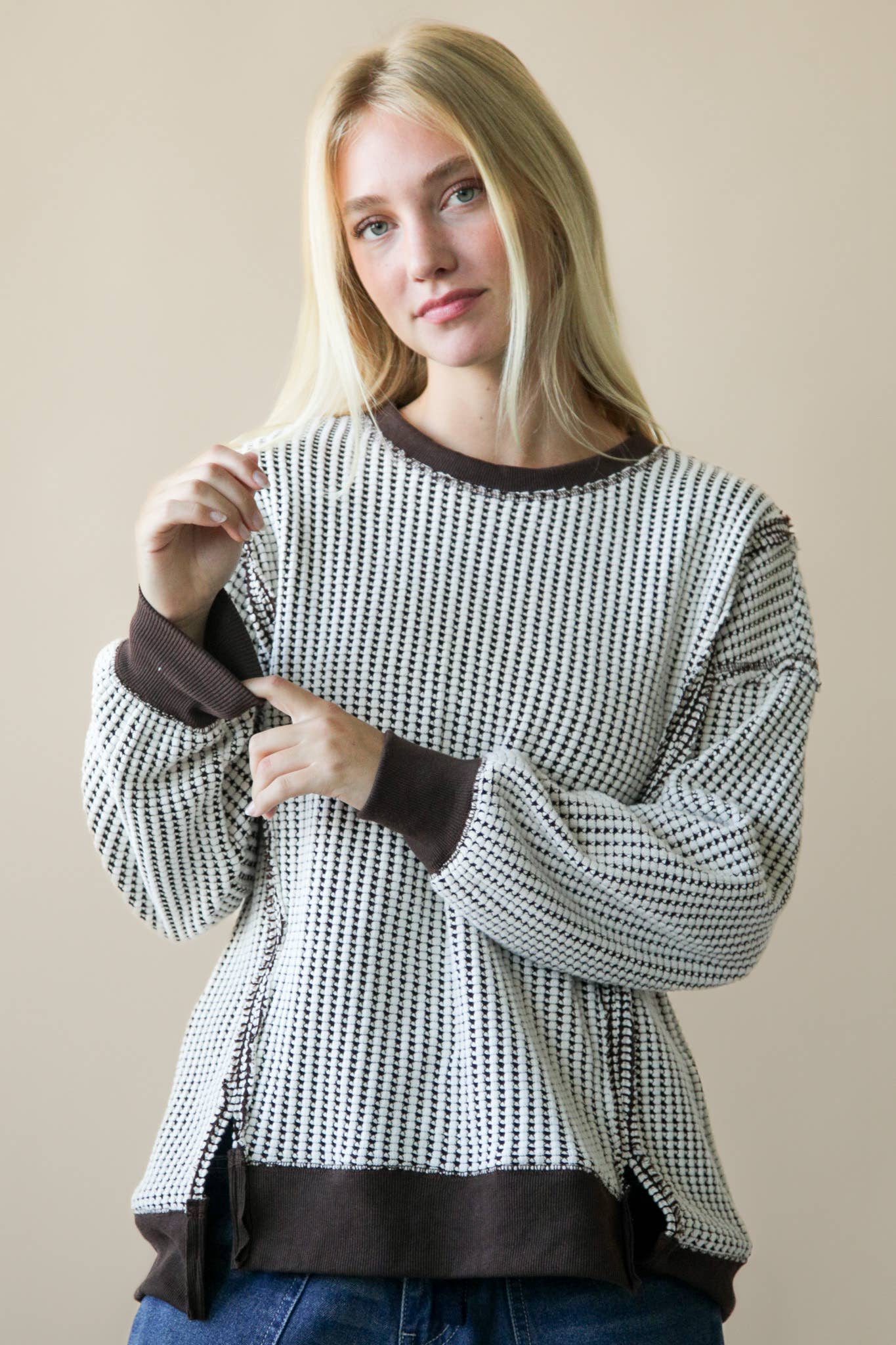 Oversized Waffle Knit Casual Top: Chocolate