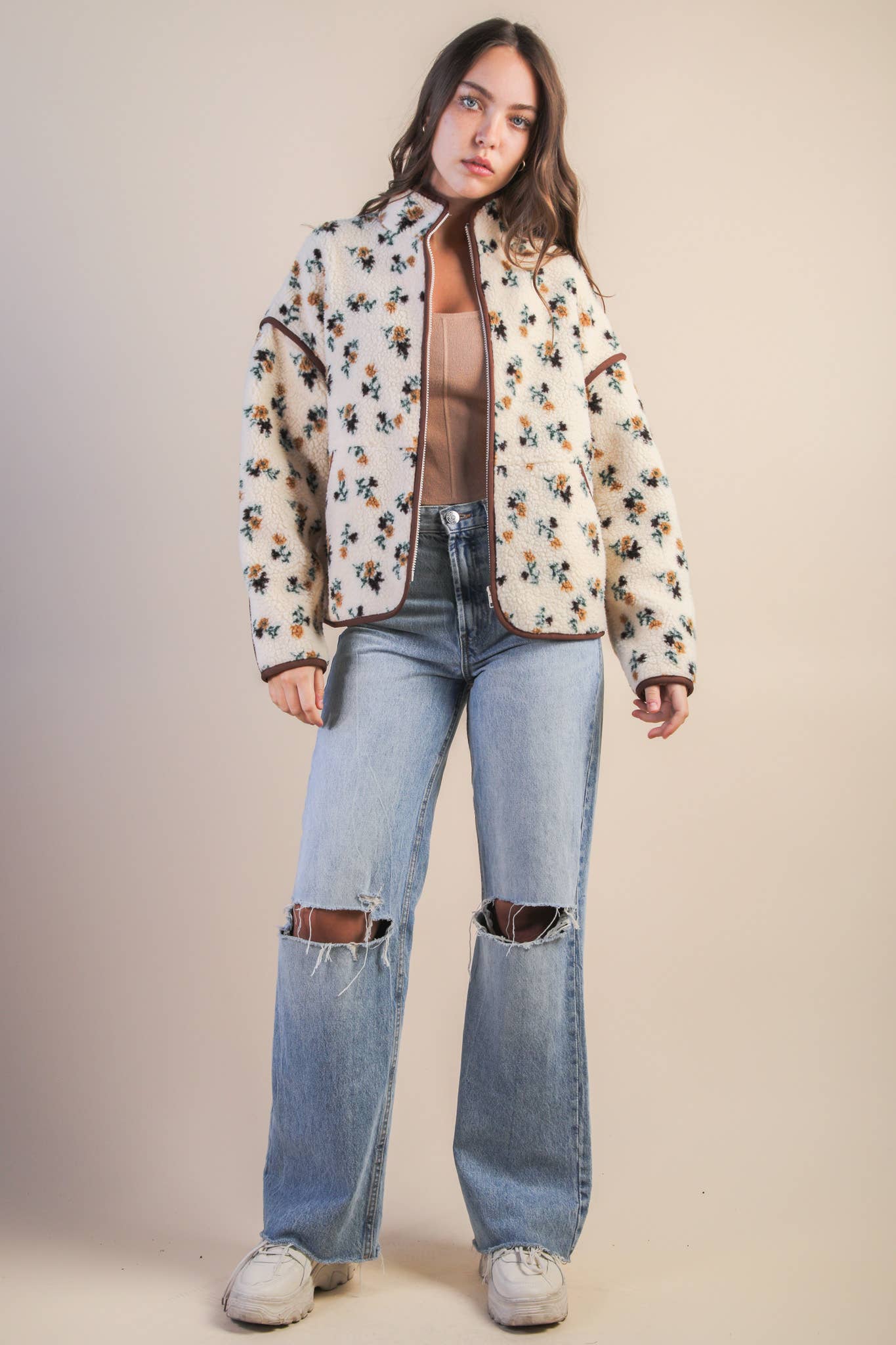 Oversized Floral Printed Casual Fleece Jacket