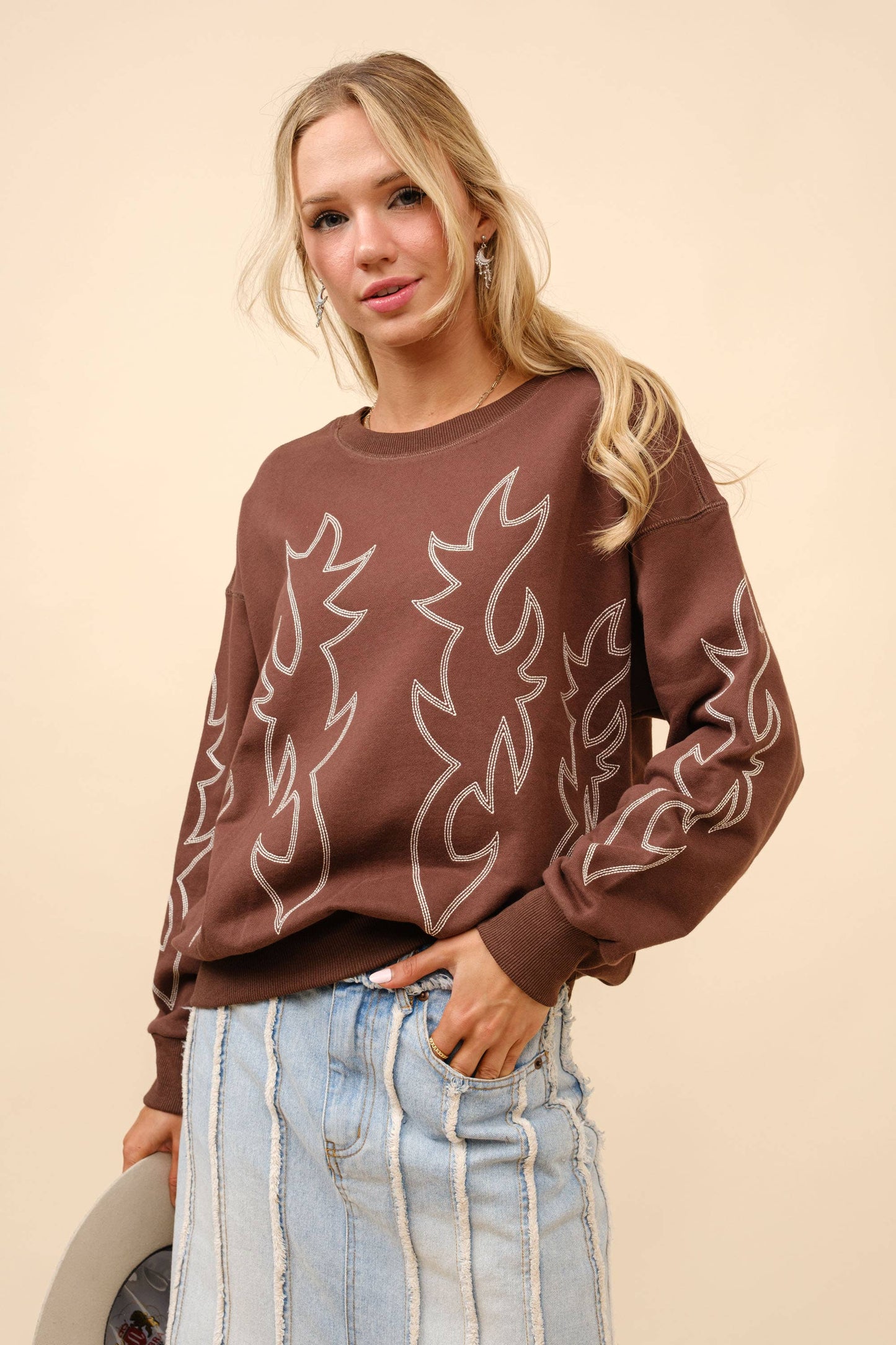 Western Boots Stitch Pullover Sweatshirt: Brown