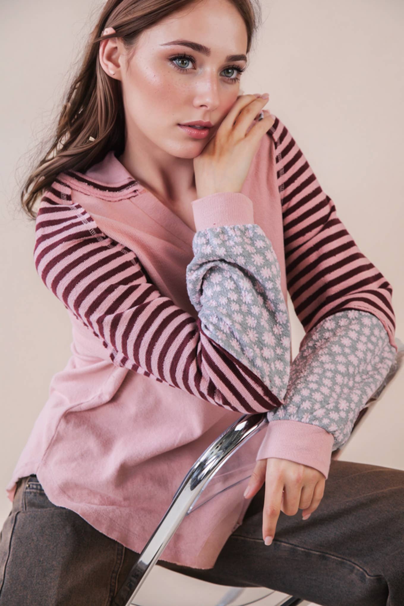 Oversized Floral & Stripe Casual Knit Top: Blush
