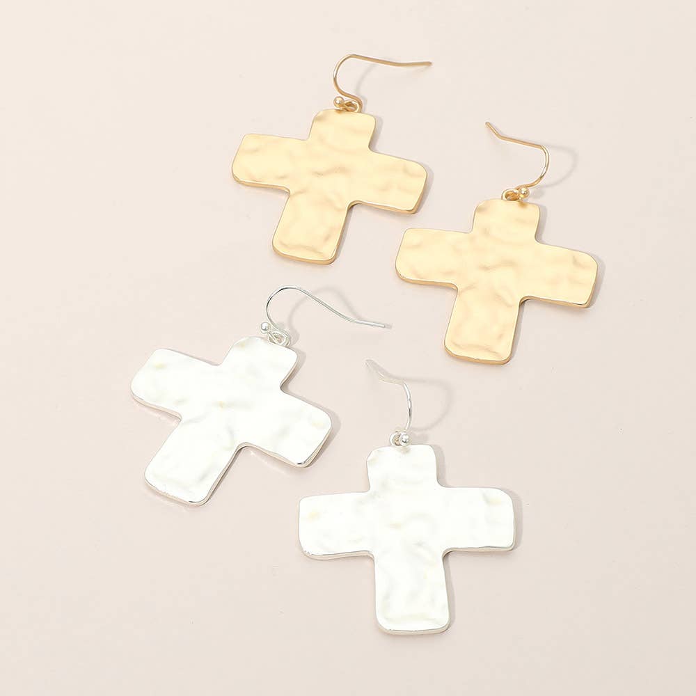 Hammered Metal Cross Dangle Earrings: Silver