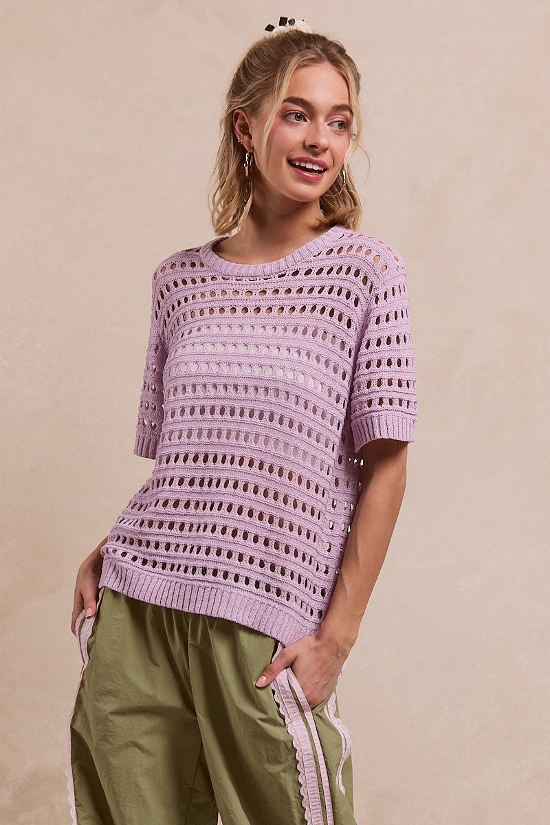 Avery Round Neck Open Stitch Short Sleeve- Lavender