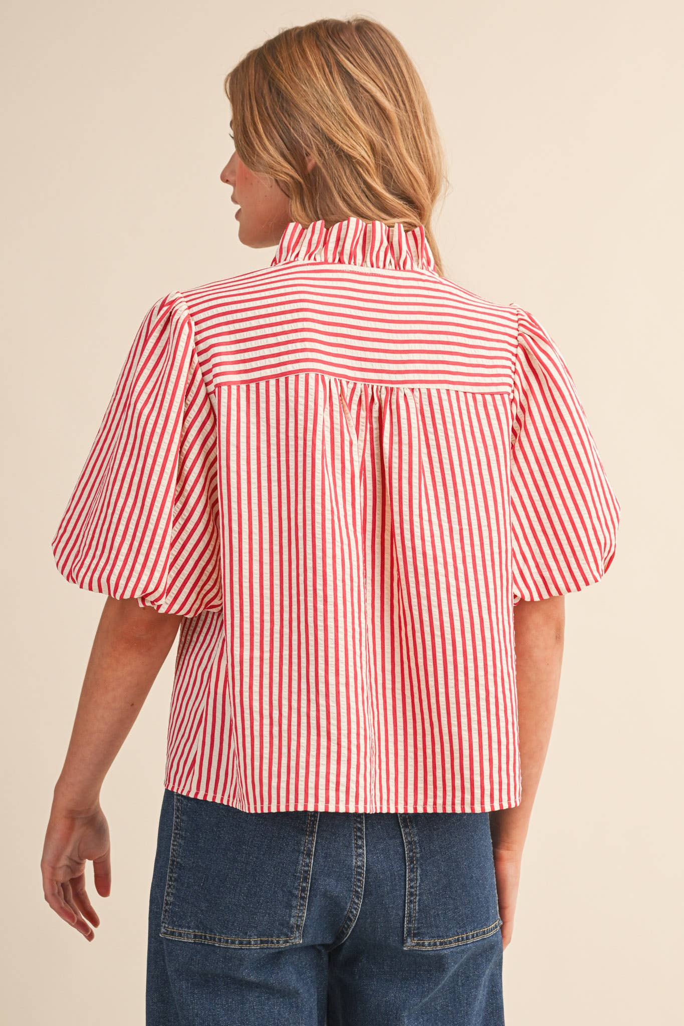 Striped Ruffled Button Down Top : Berry Red