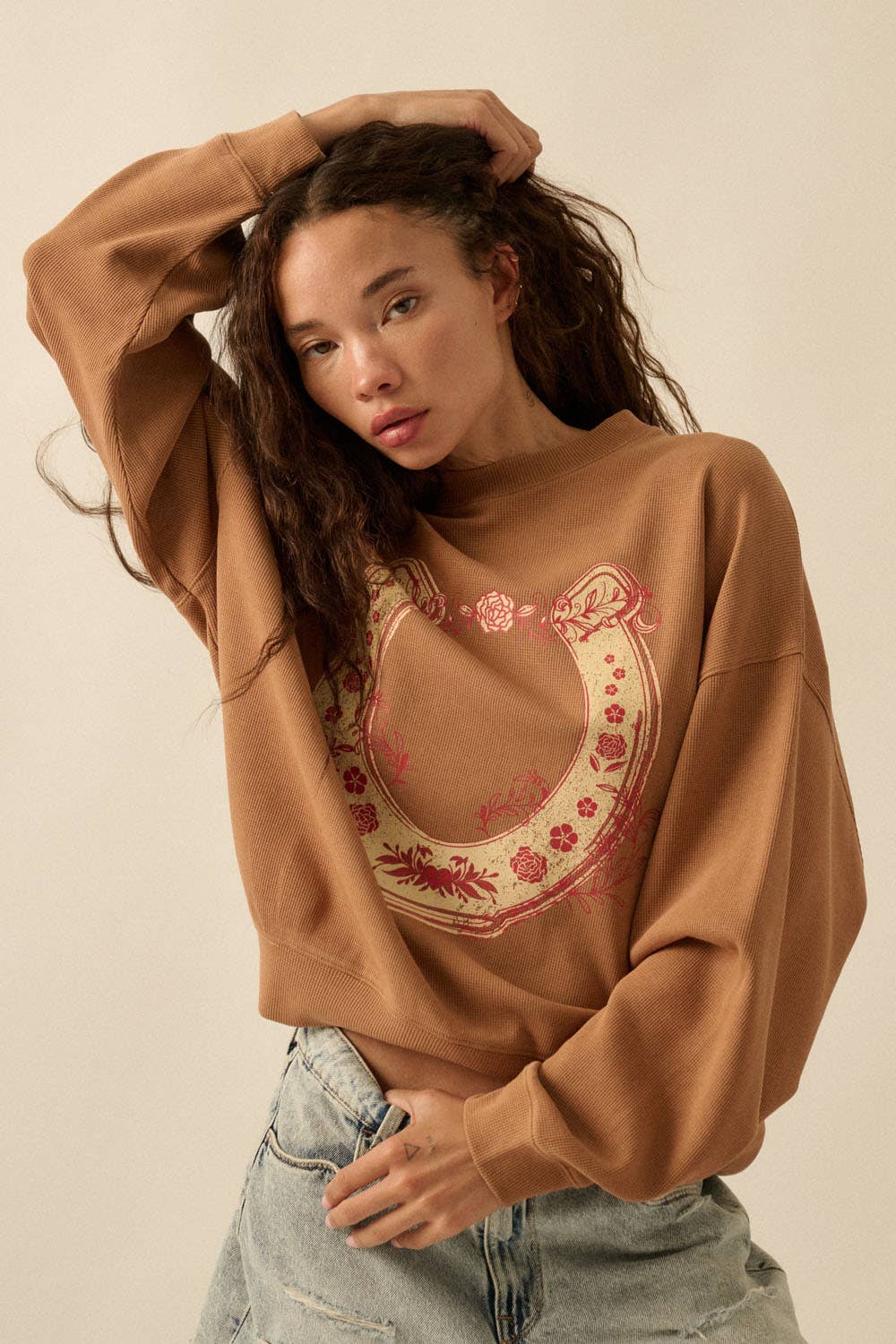 Floral Horseshoe Oversize Thermal Graphic Top