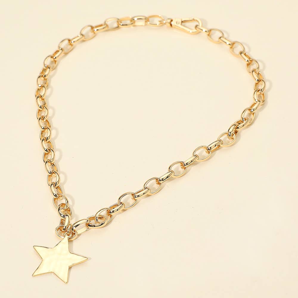 Textured Metal Star Pendant Chunky Chain Necklace