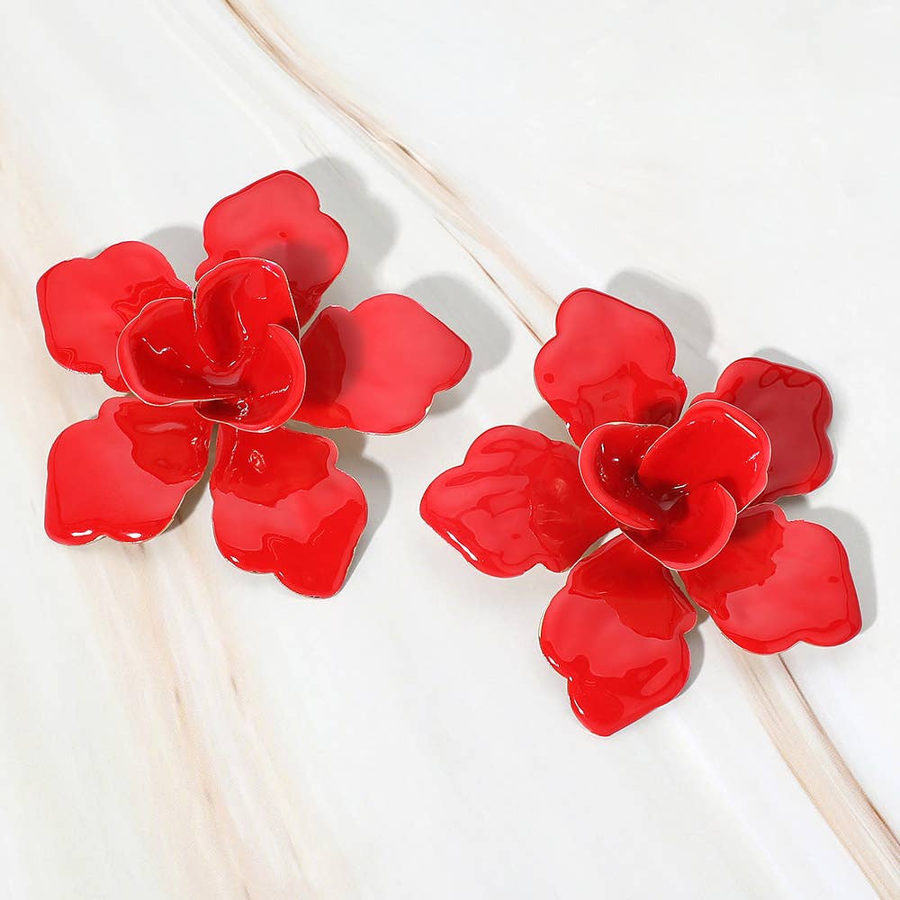 Bold Oversized Floral Earrings : Red