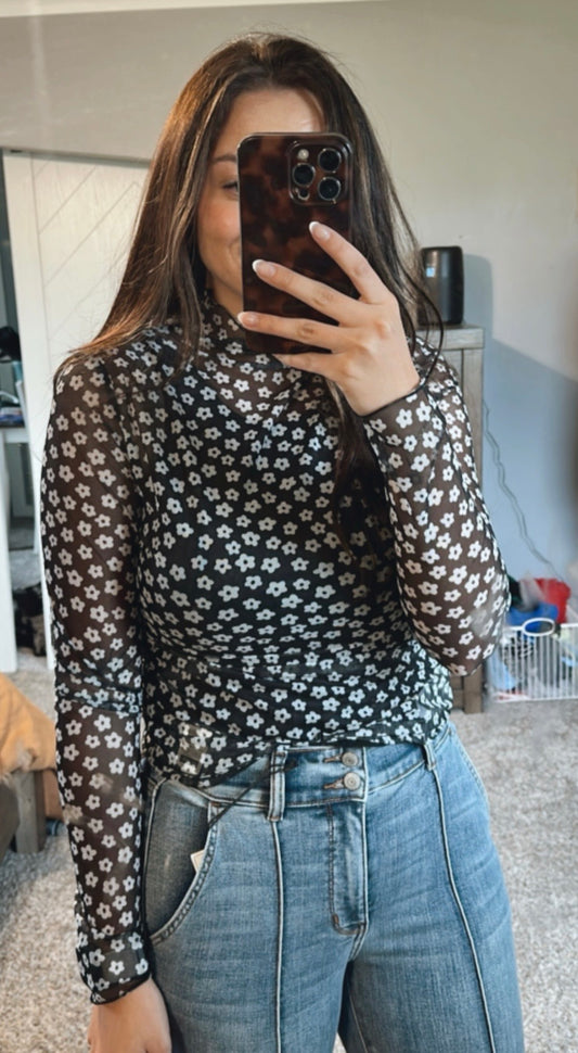 Floral Mesh Mock Neck Top- Black