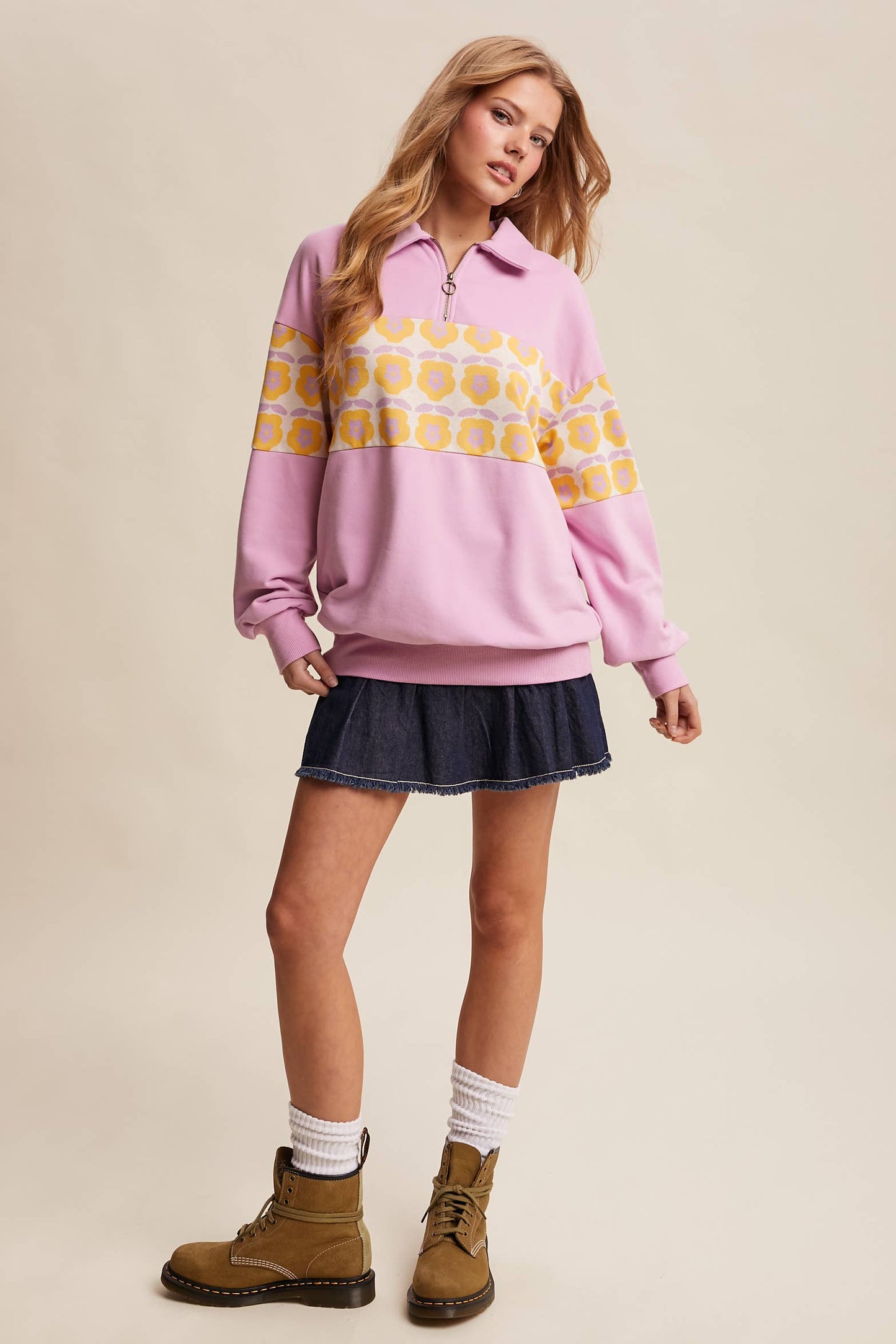 Retro Flower Panel Half-Zip Pullover : Navy