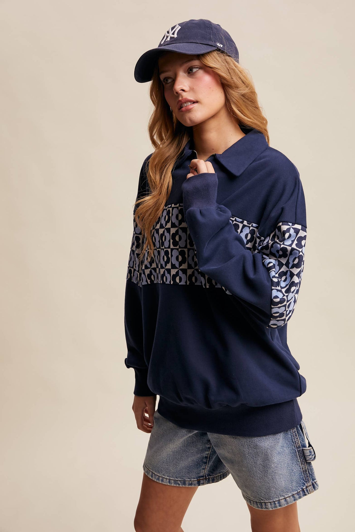 Retro Flower Panel Half-Zip Pullover : Navy