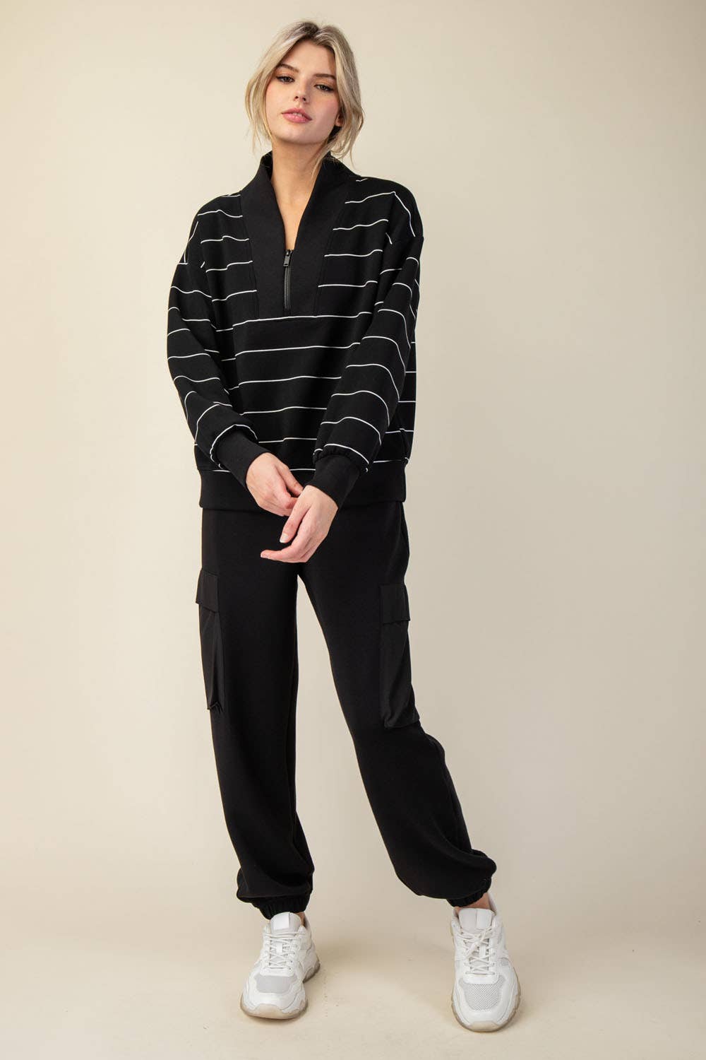 Modal Scuba Stripe V-Neck Jacket (Espresso/Cream)