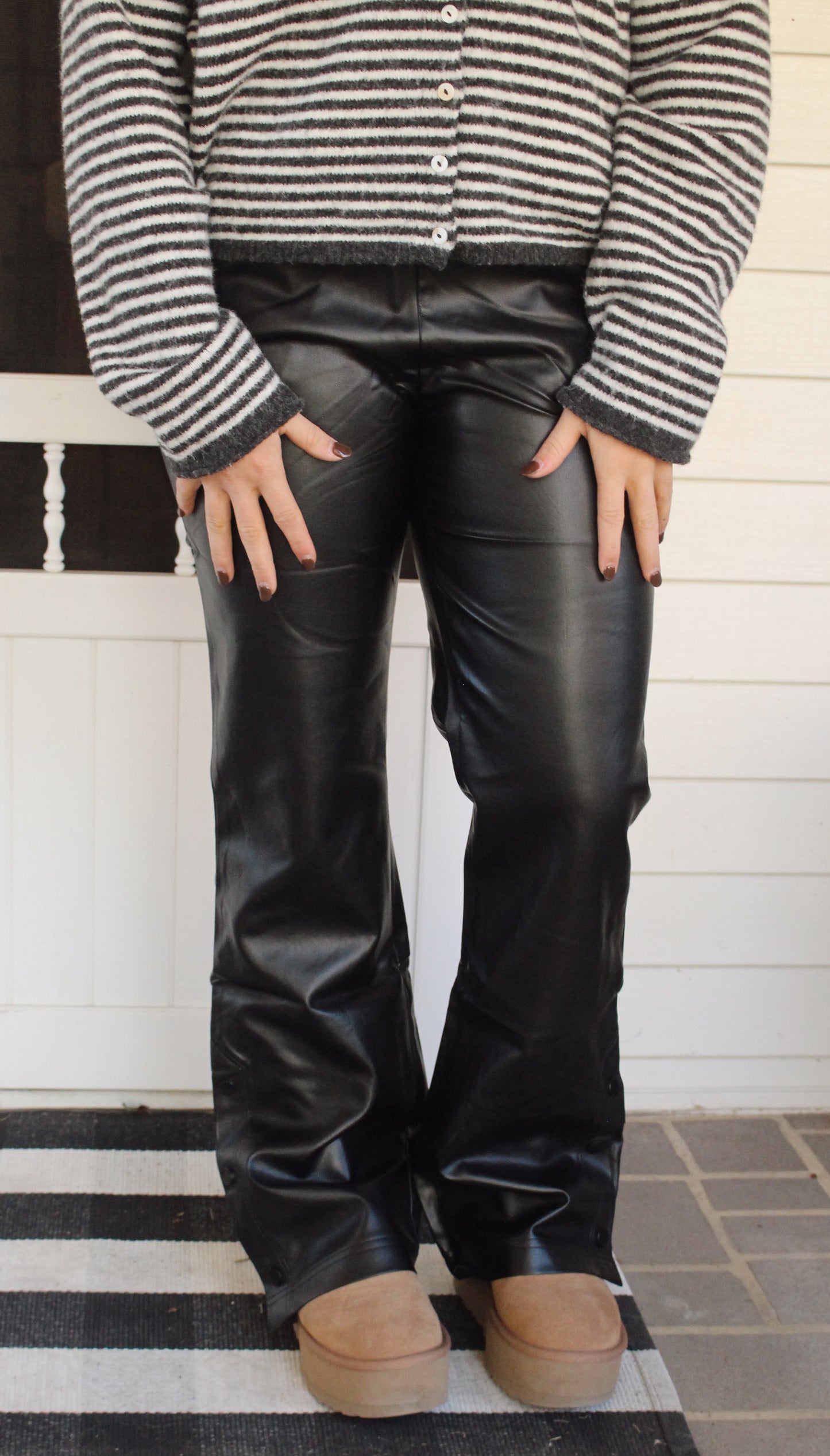 Faux Leather Elastic Waist Button Cuff Pants: Black