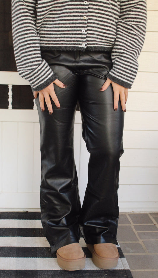 Faux Leather Elastic Waist Button Cuff Pants: Black
