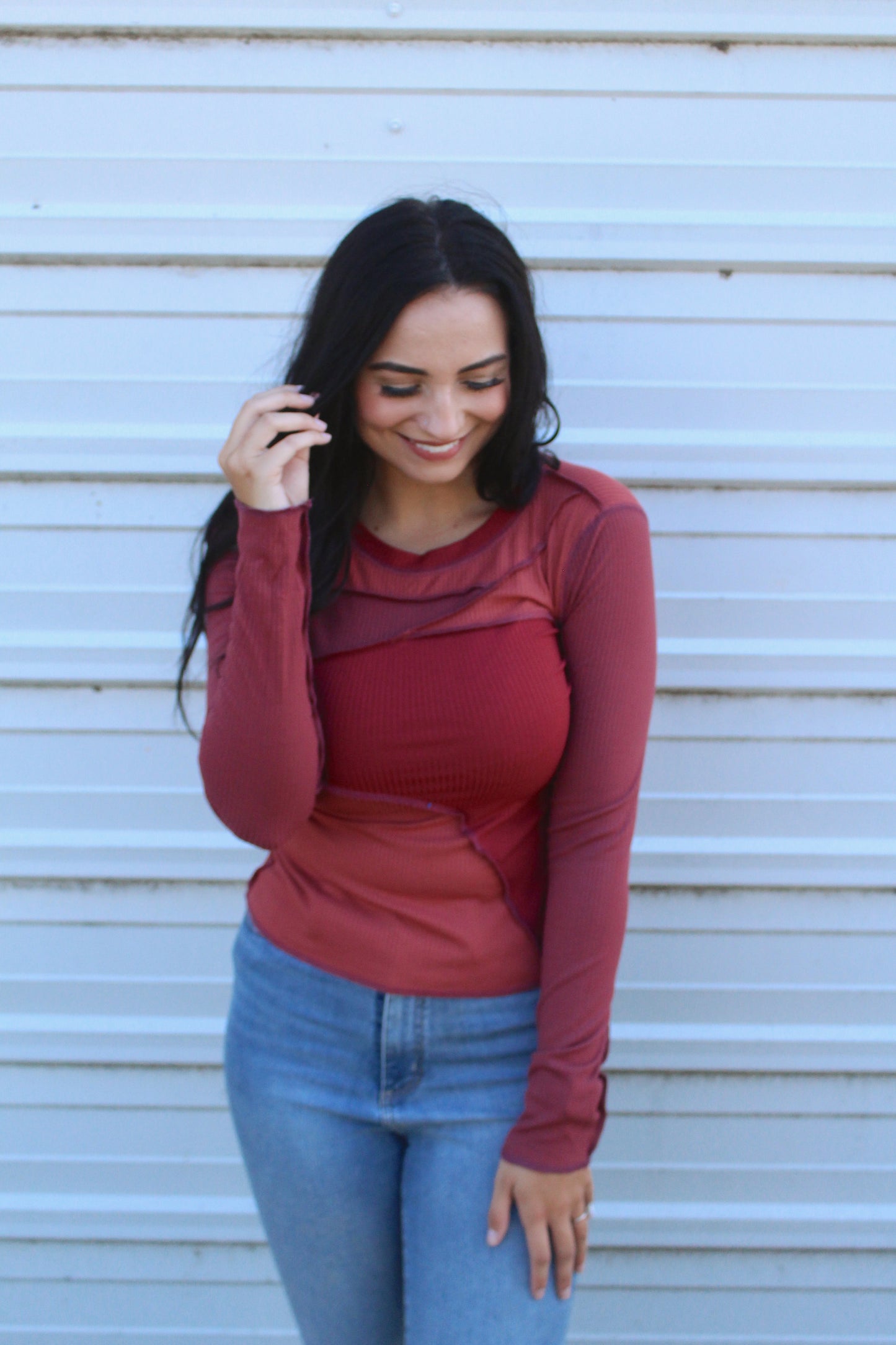 Red Color Block Ribbed Long Sleeve