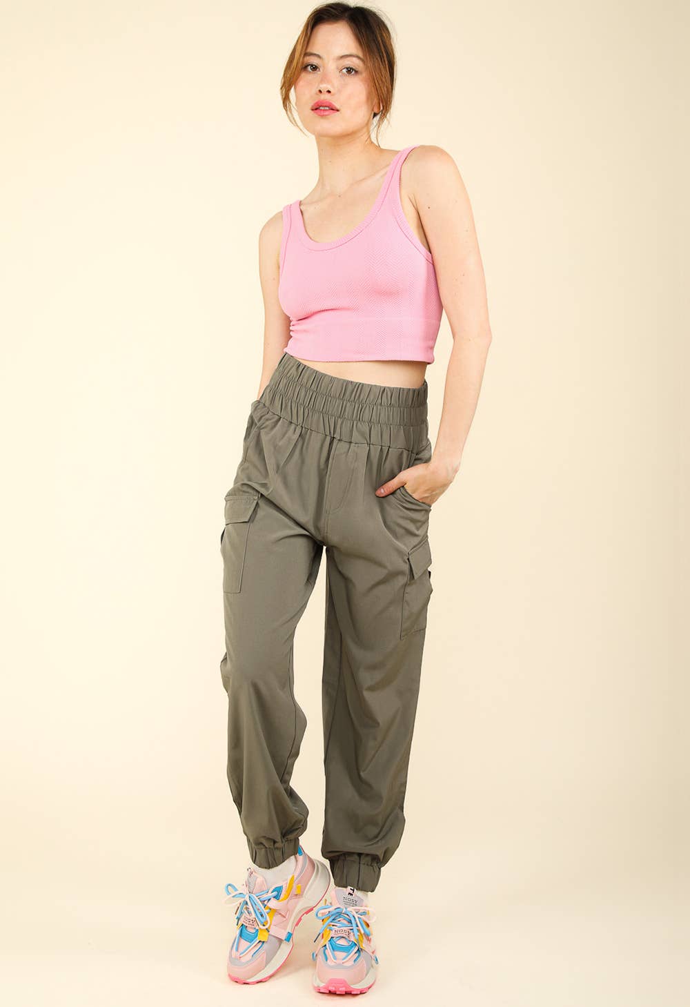 High Waisted Cargo Active Joggers w/ Pockets: Coconut Milk