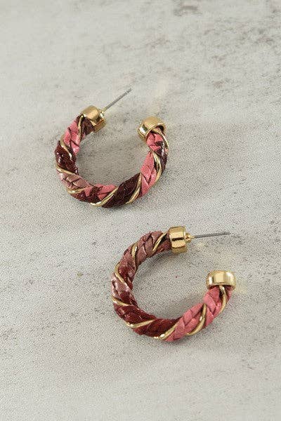 Mauve Braided Faux Leather Hoop Earrings