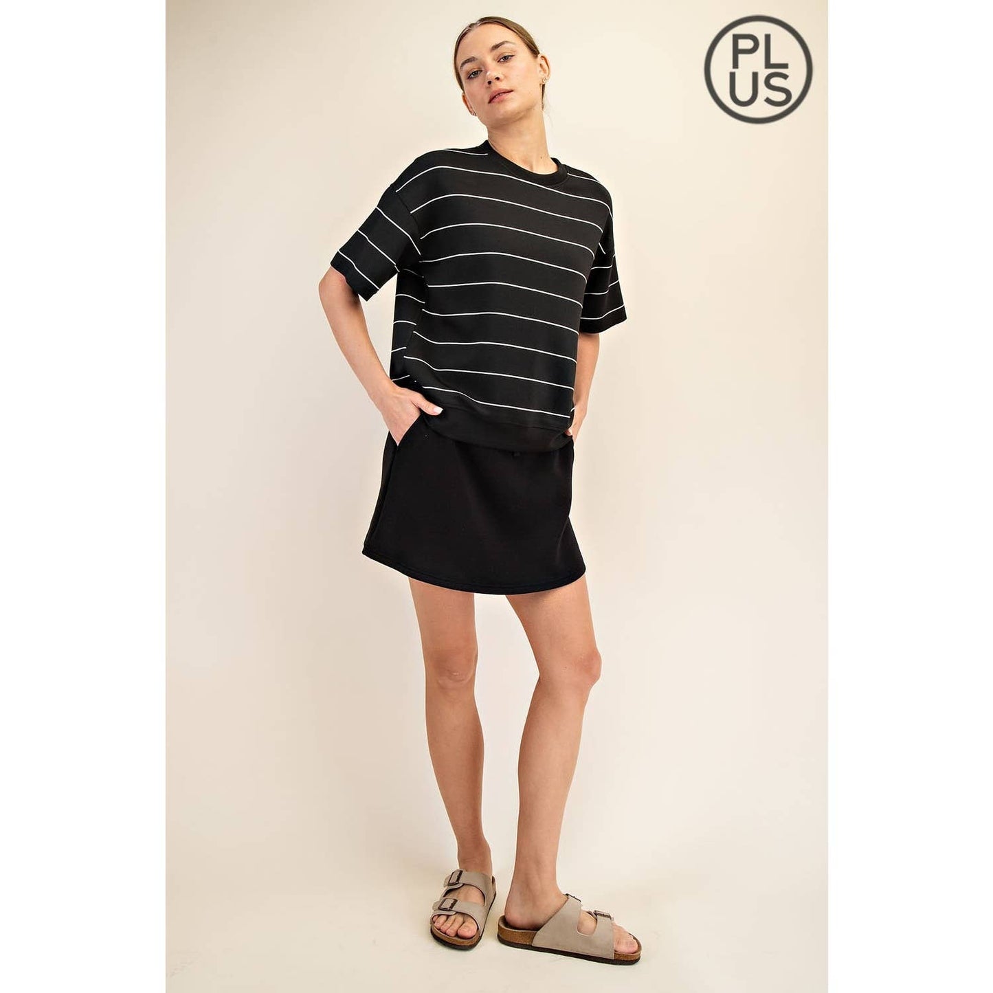 (Plus Size)  Modal Scuba Stripe Short Sleeve : Black/Cream