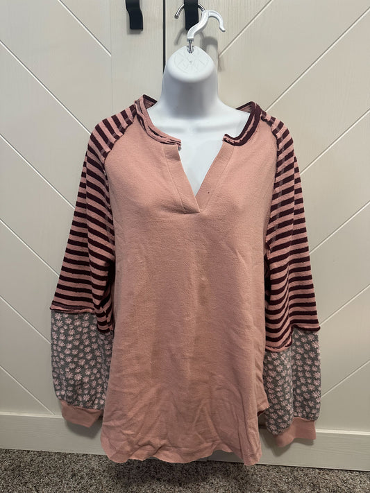 Oversized Floral & Stripe Casual Knit Top: Blush