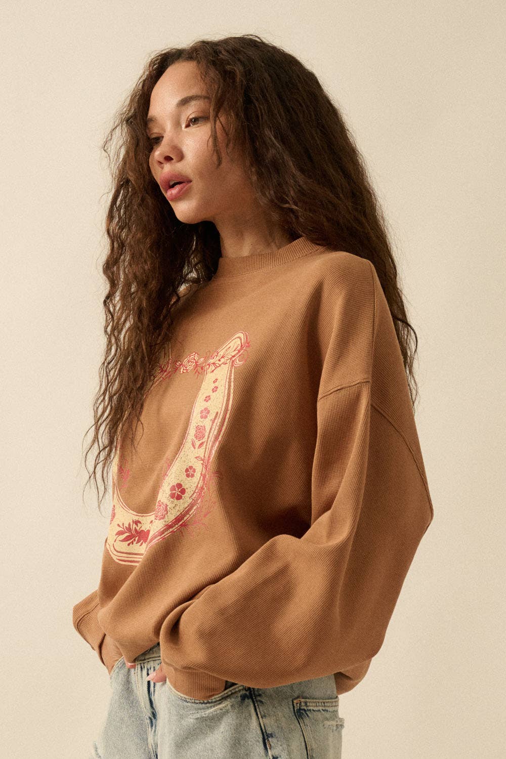 Floral Horseshoe Oversize Thermal Graphic Top