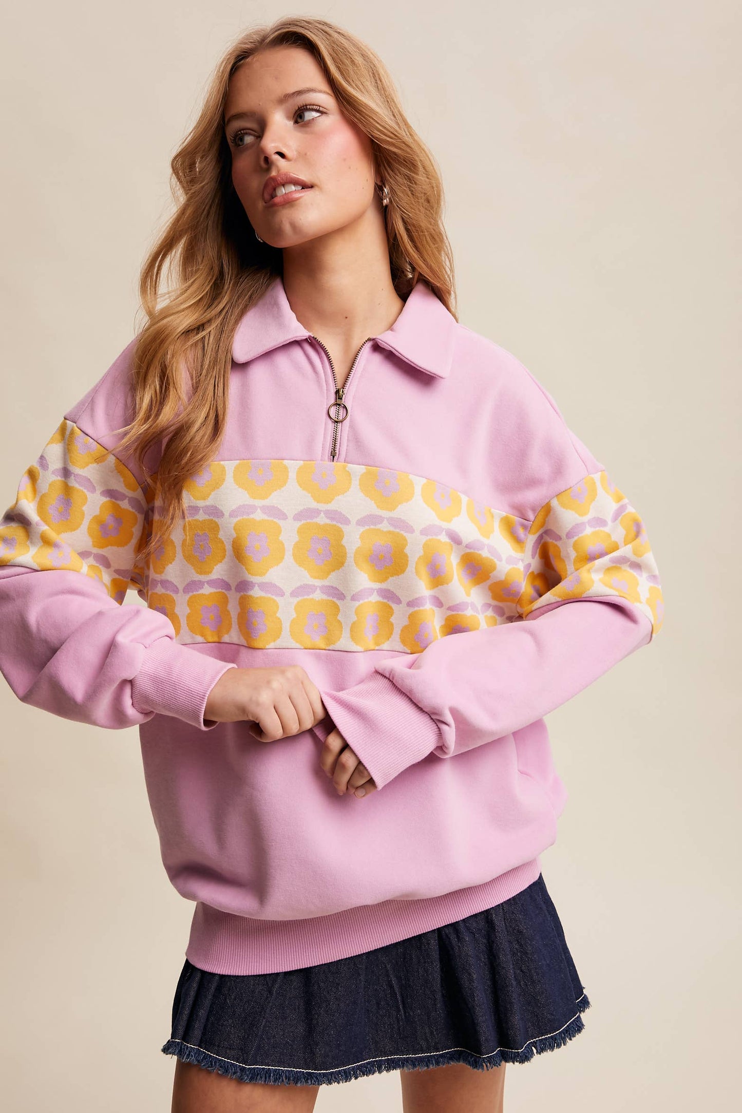 Retro Flower Panel Half-Zip Pullover : Navy