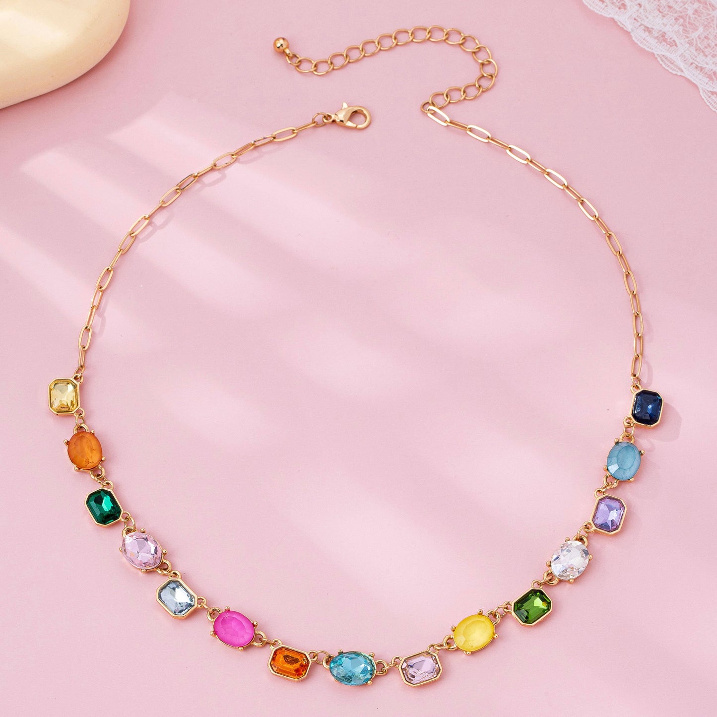 Rainbow Gemstone Paperclip Necklace