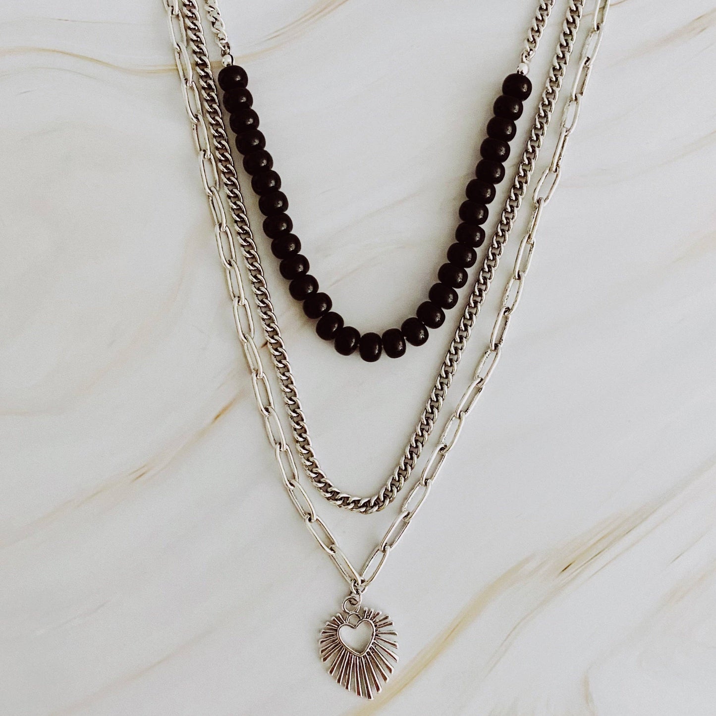 Resin Bead Golden Heart Layered Necklace: Silver