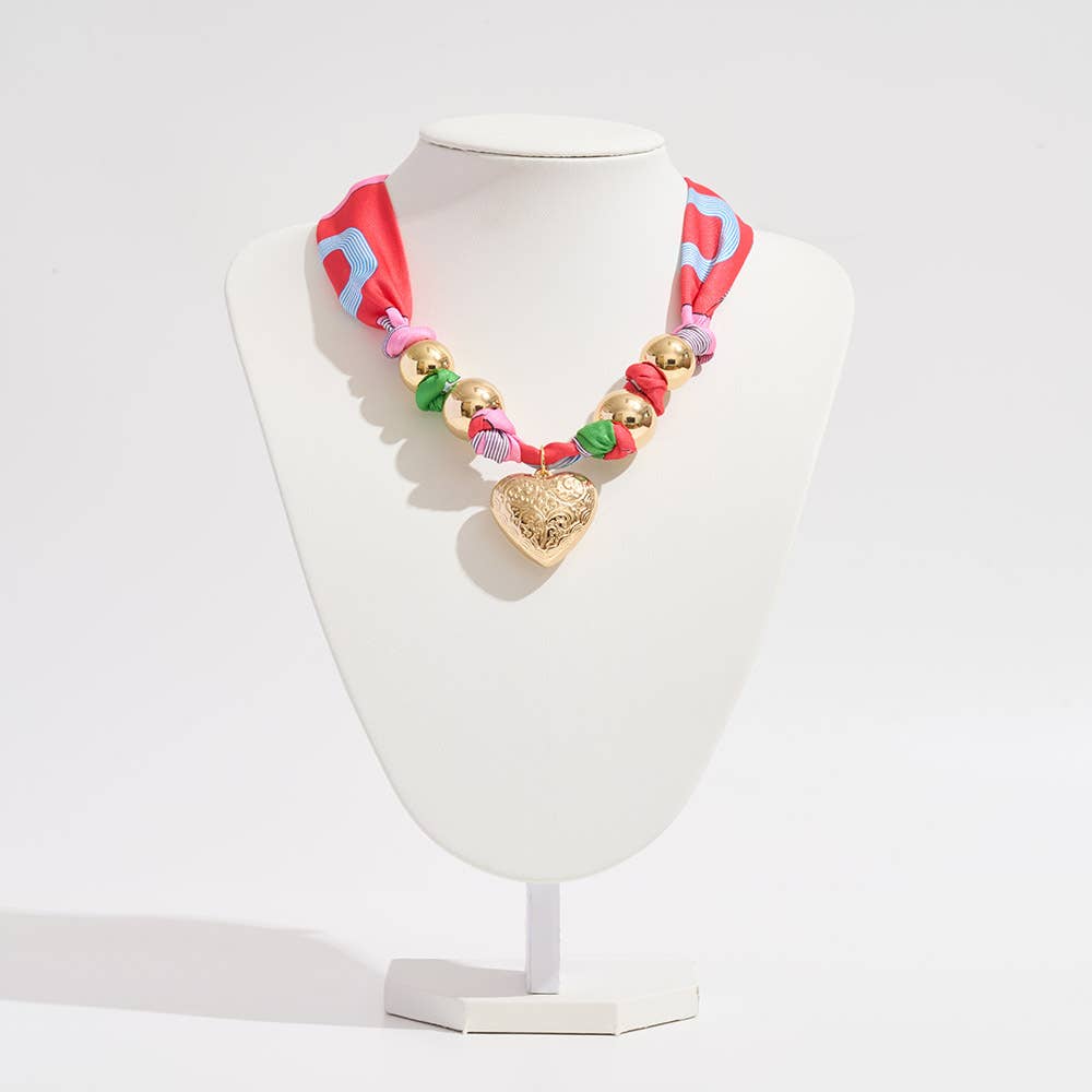Gold Dipped Puffy Textured Heart Charm Scarf Necklace