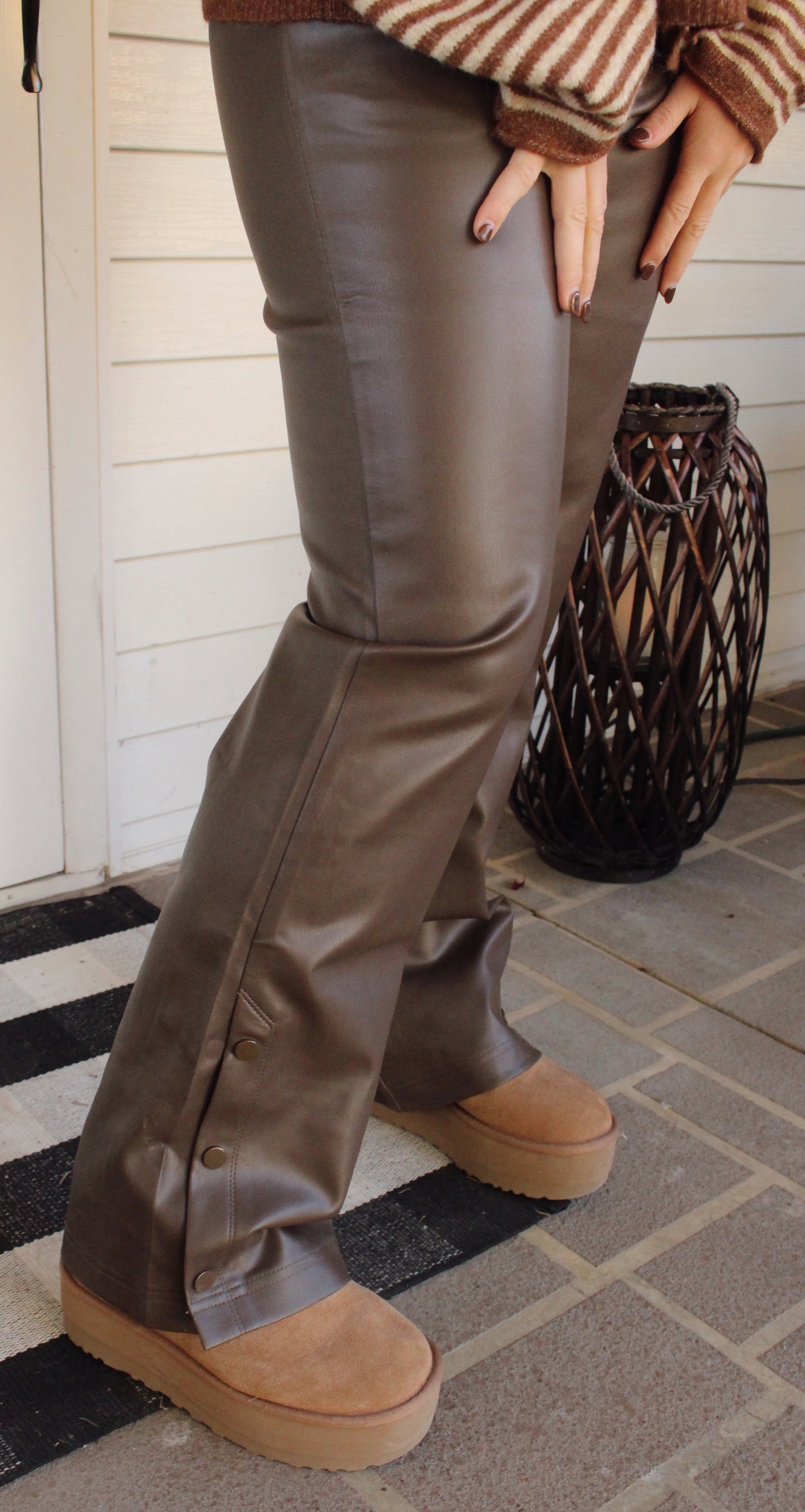 Faux Leather Elastic Waist Button Cuff Pants: Brown