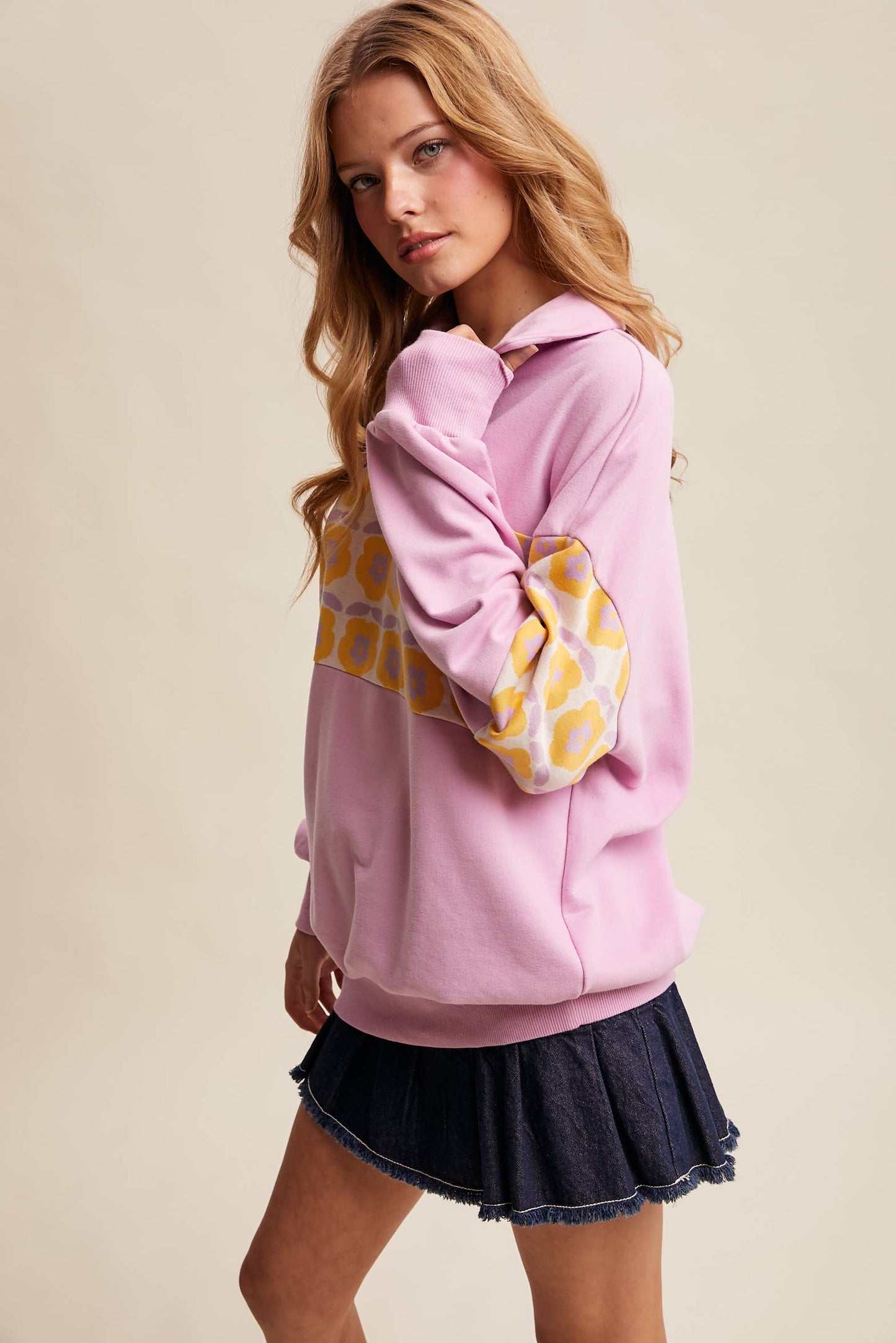 Retro Flower Panel Half-Zip Pullover : Navy