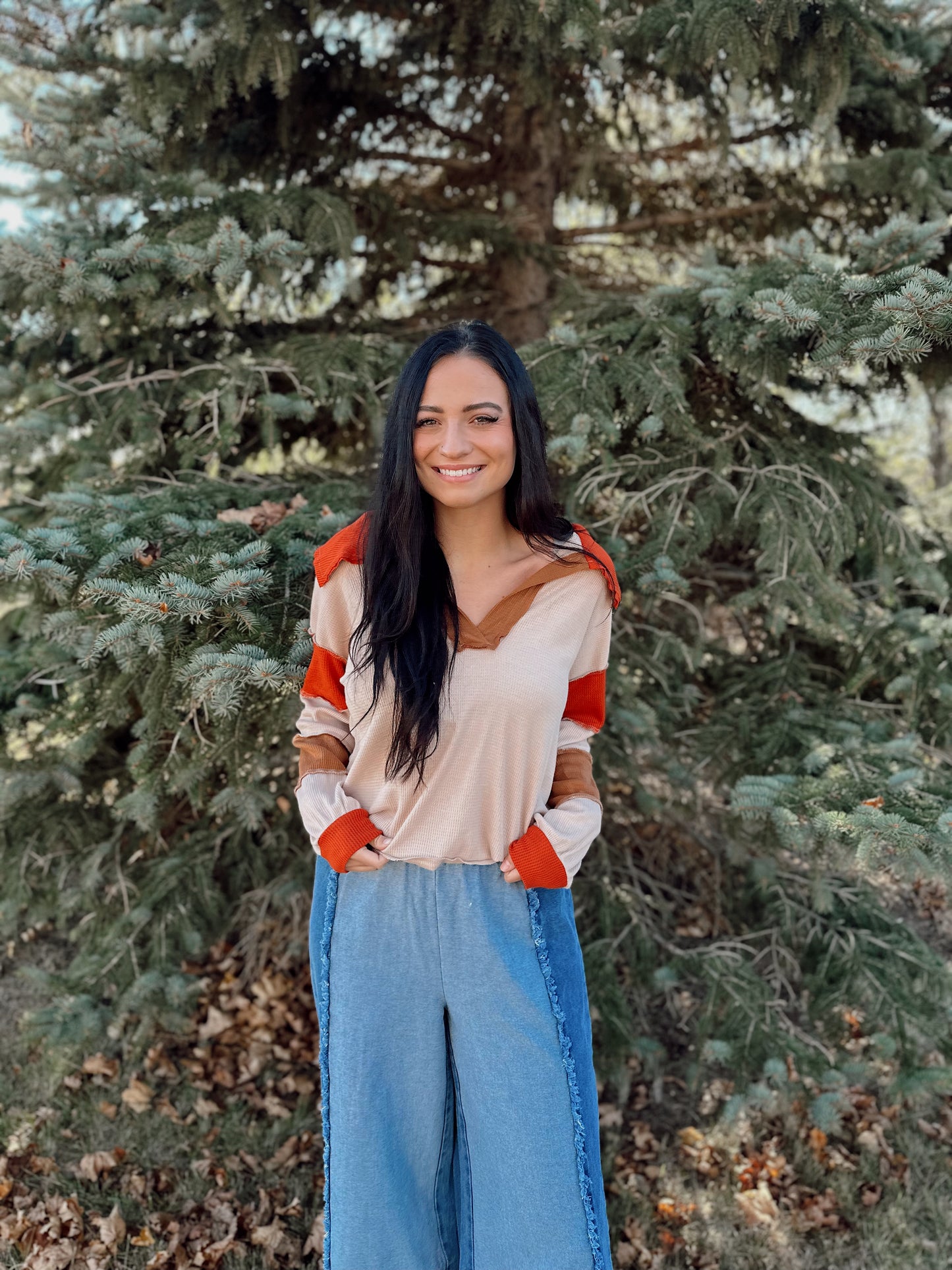 Thermal Color Block Collared Top