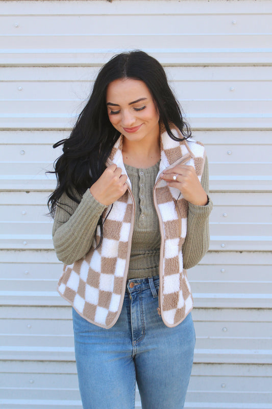 Khaki Checkered Sherpa Vest