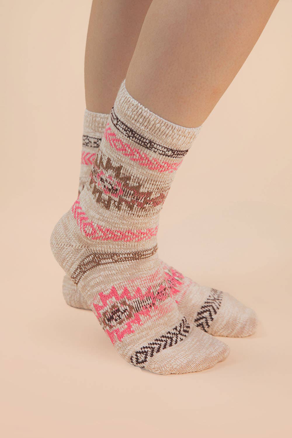 Aztec Graphic Cozy Crew Socks: Oatmeal