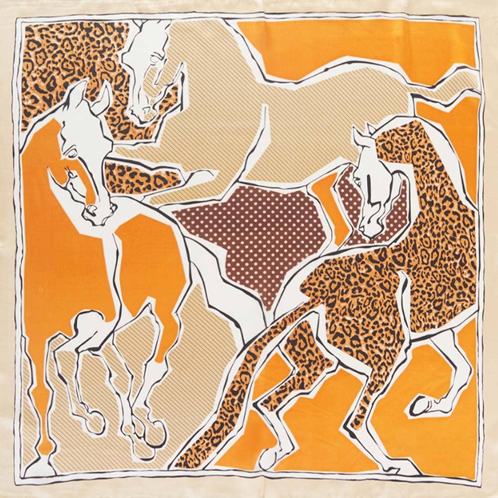 Pop Art Horse and Leopard Printed Square Silky Satin Bandana Scarf: Orange