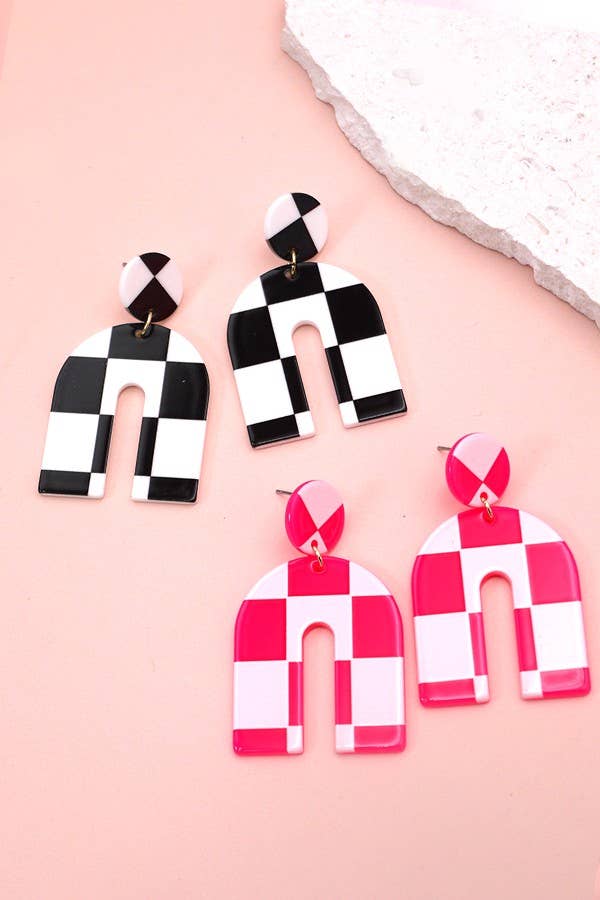 Acrylic Checker Earrings : Hot Pink/White
