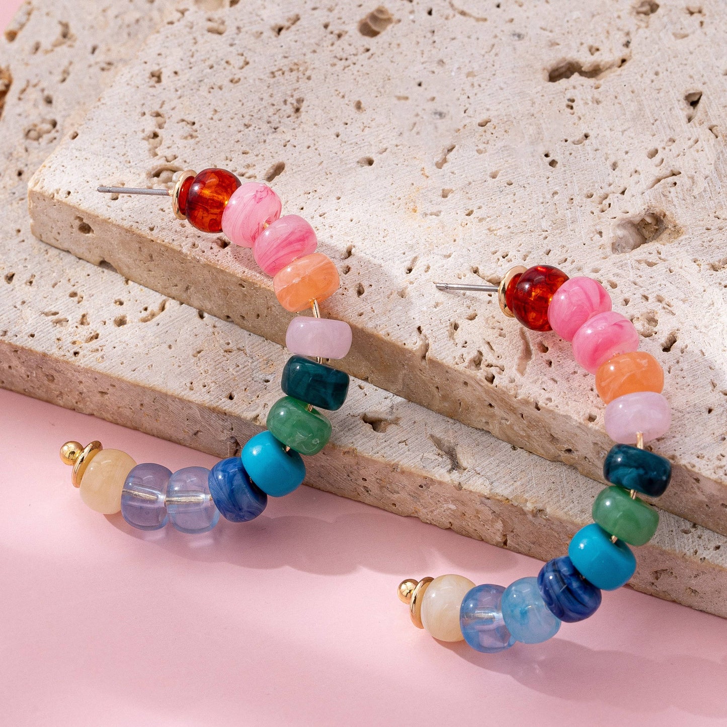 Rainbow Beaded Hoop Earrings : Multi