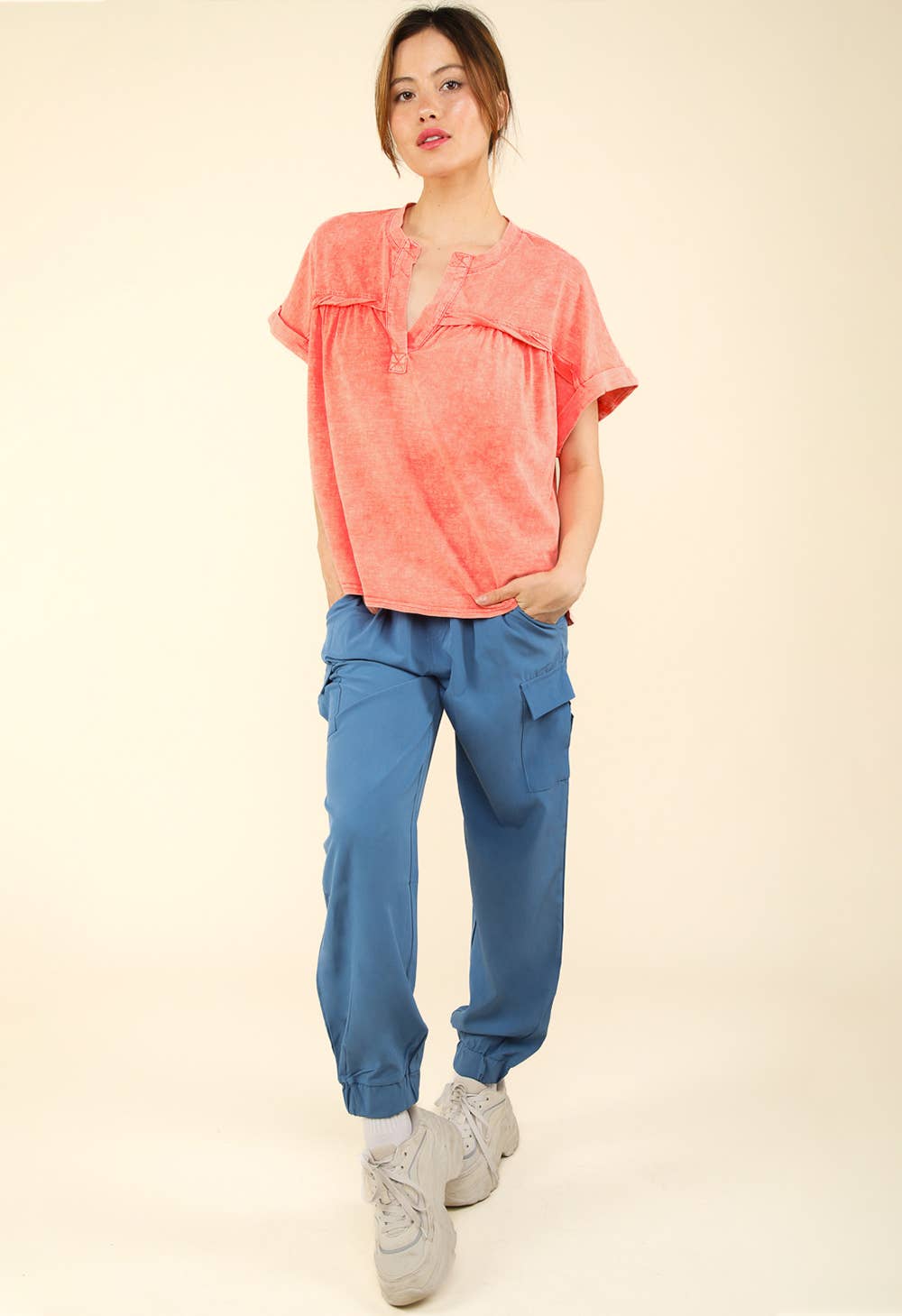 High Waisted Cargo Active Joggers w/ Pockets: Coconut Milk