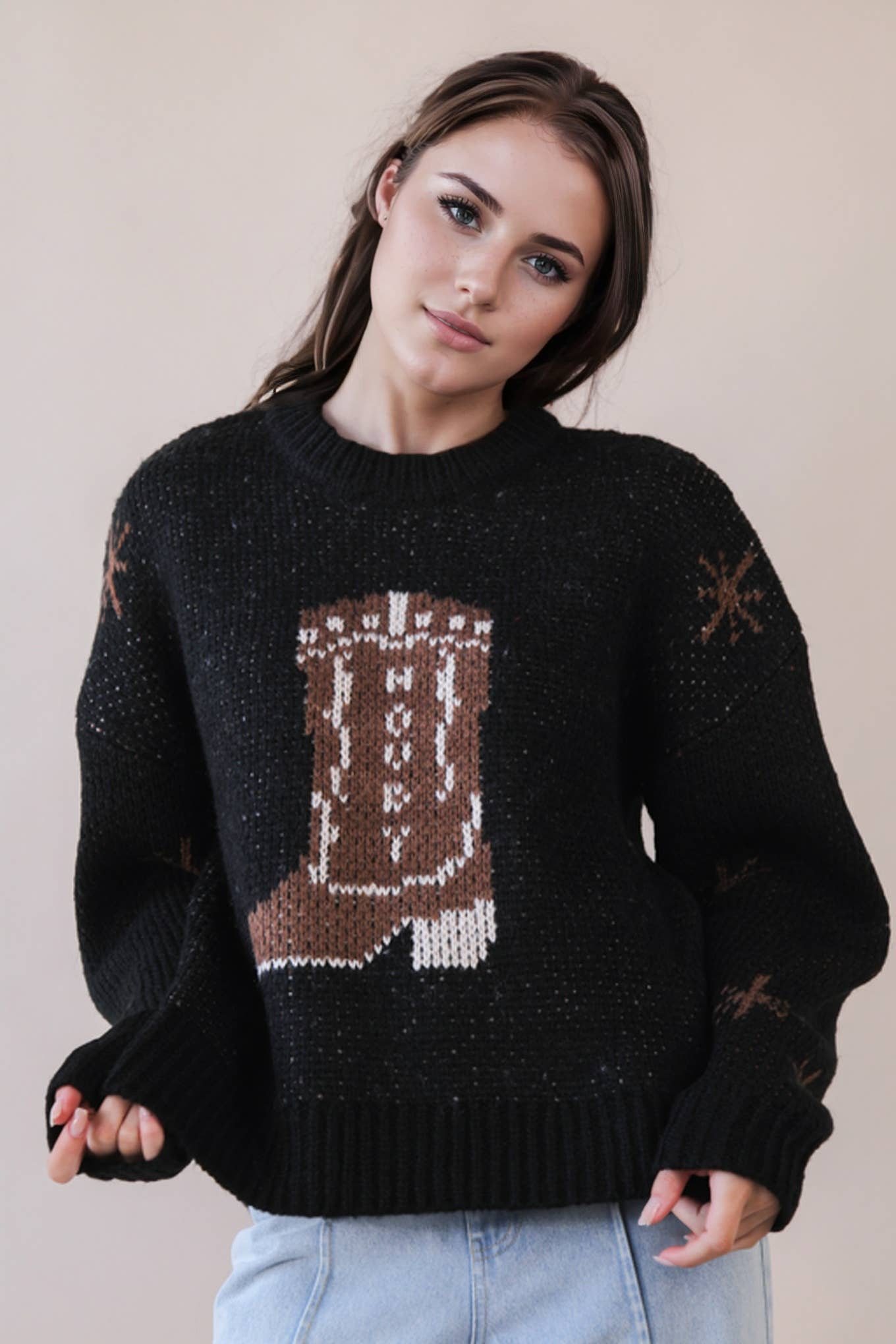 Cowboy Boots Graphic Print Knit Sweater