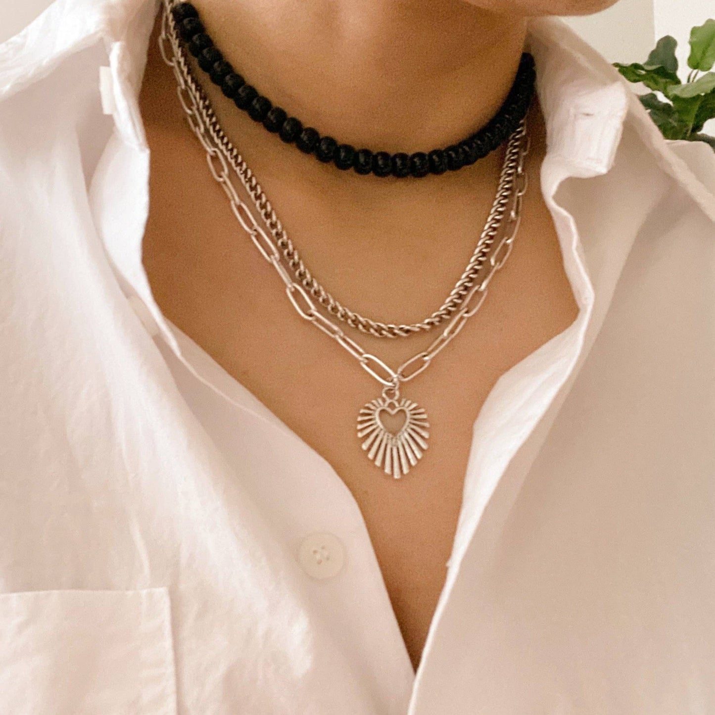 Resin Bead Golden Heart Layered Necklace: Silver