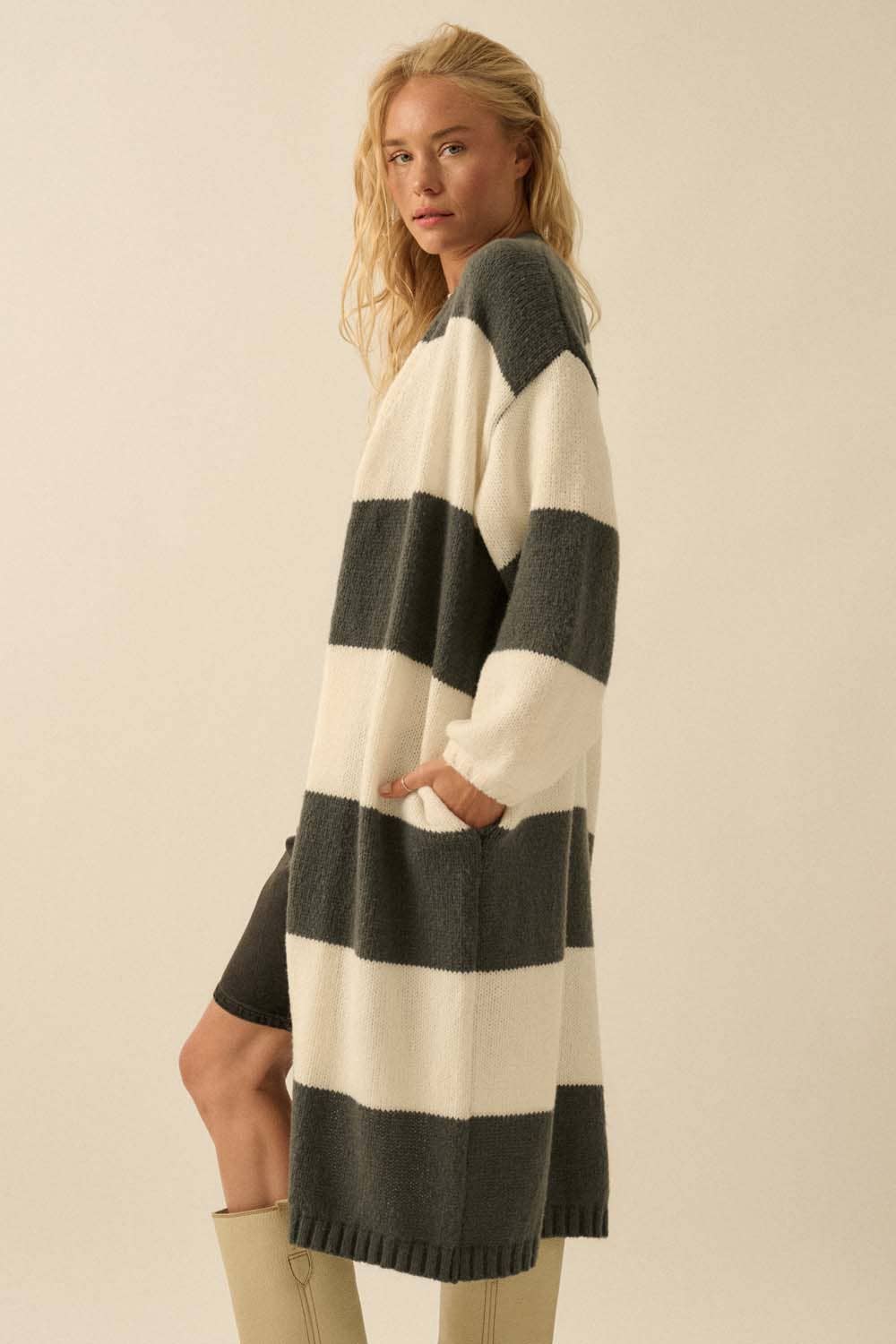 Striped Knit Open-Front Duster Pocket Cardigan: Charcoal-Off White