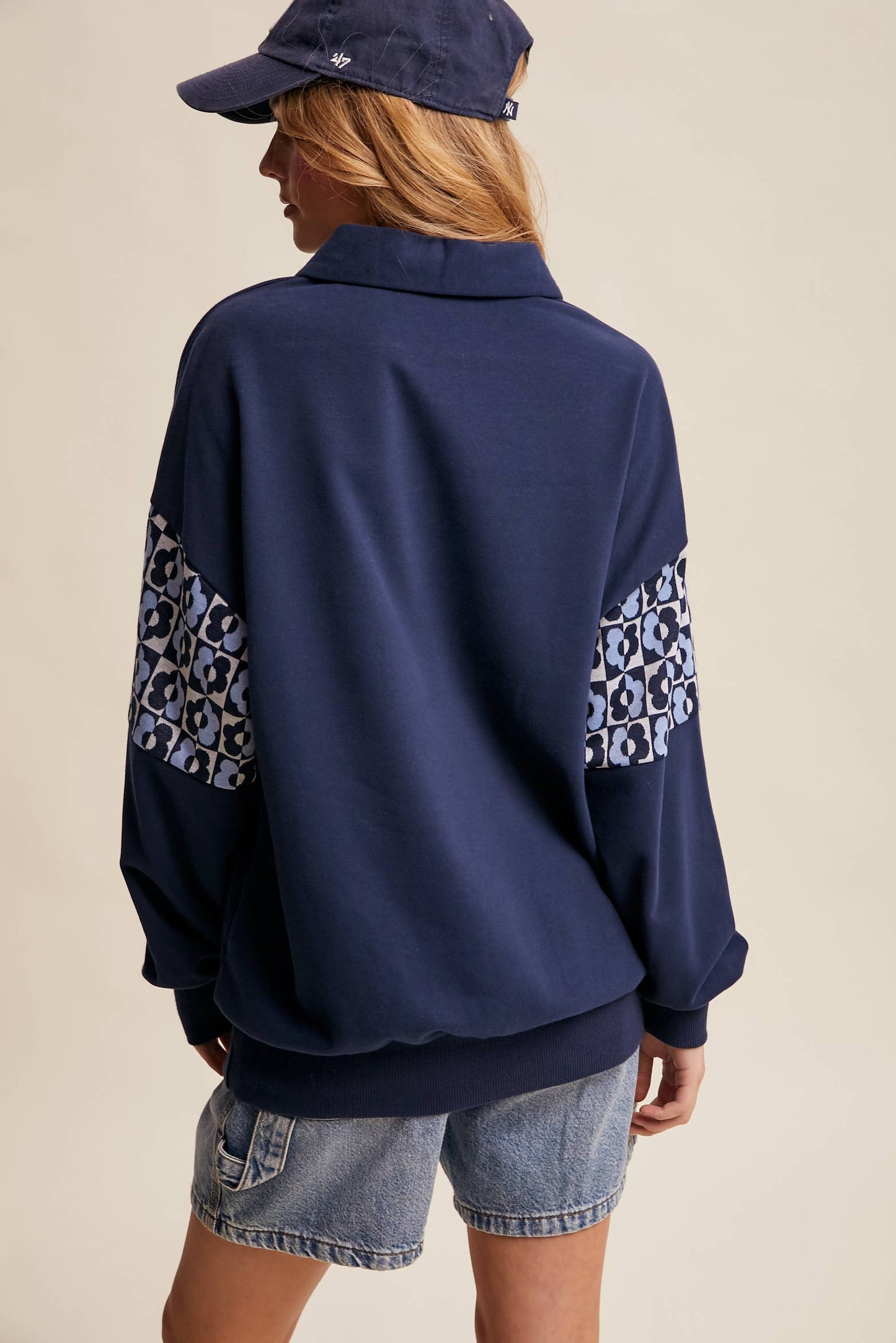Retro Flower Panel Half-Zip Pullover : Navy