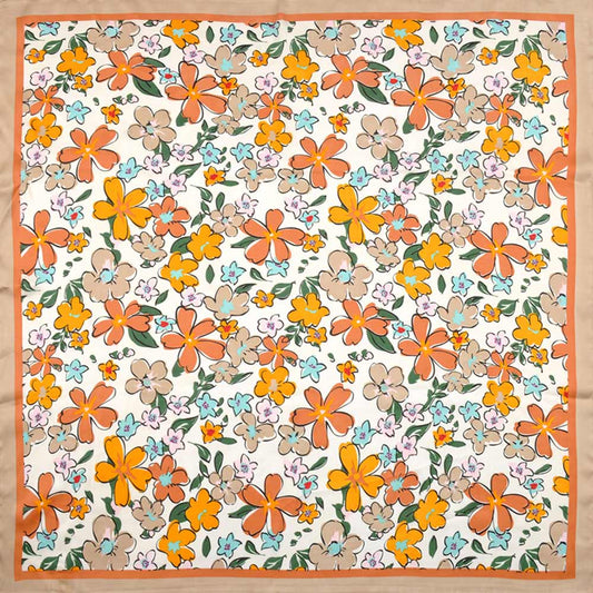 Flower Drawing Printed Square Silky Satin Bandana Scarf: Taupe