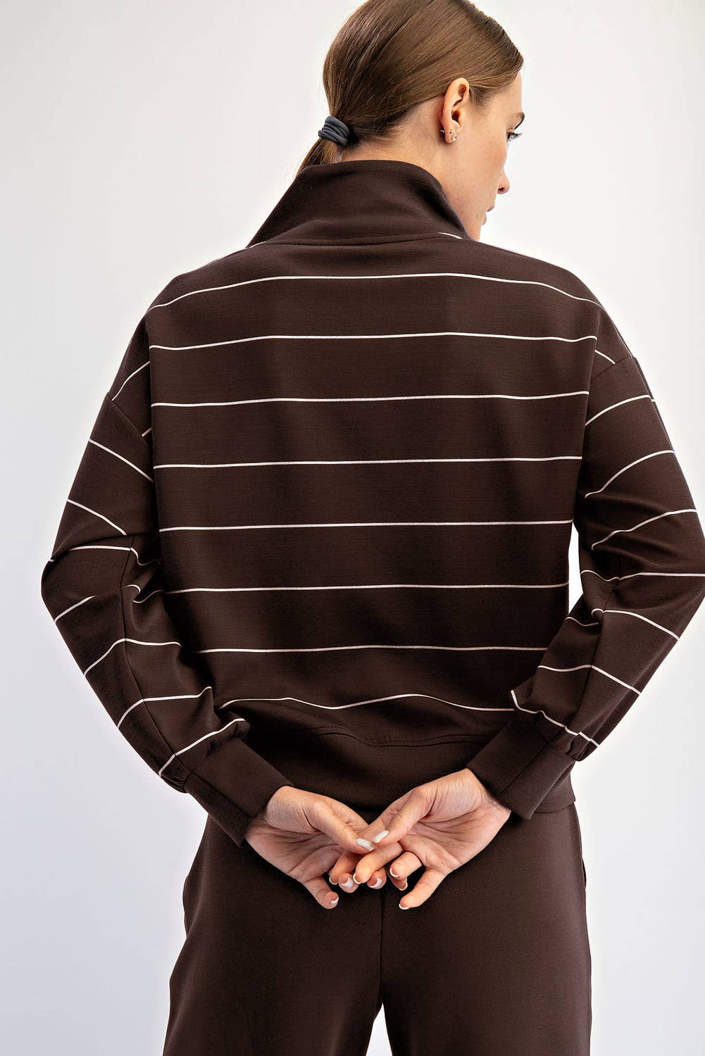 Modal Scuba Stripe V-Neck Jacket (Espresso/Cream)