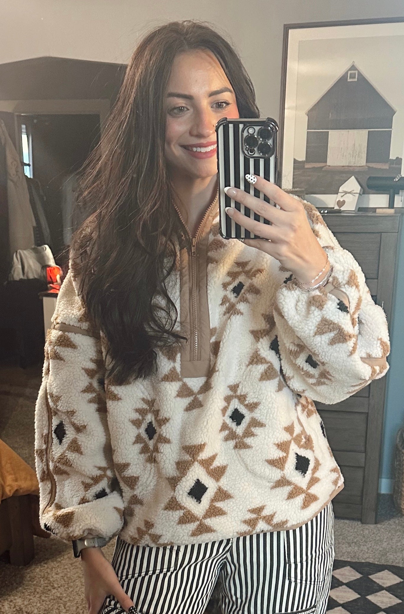 Geometric-Print Sherpa Fleece Half-Zip Pullover