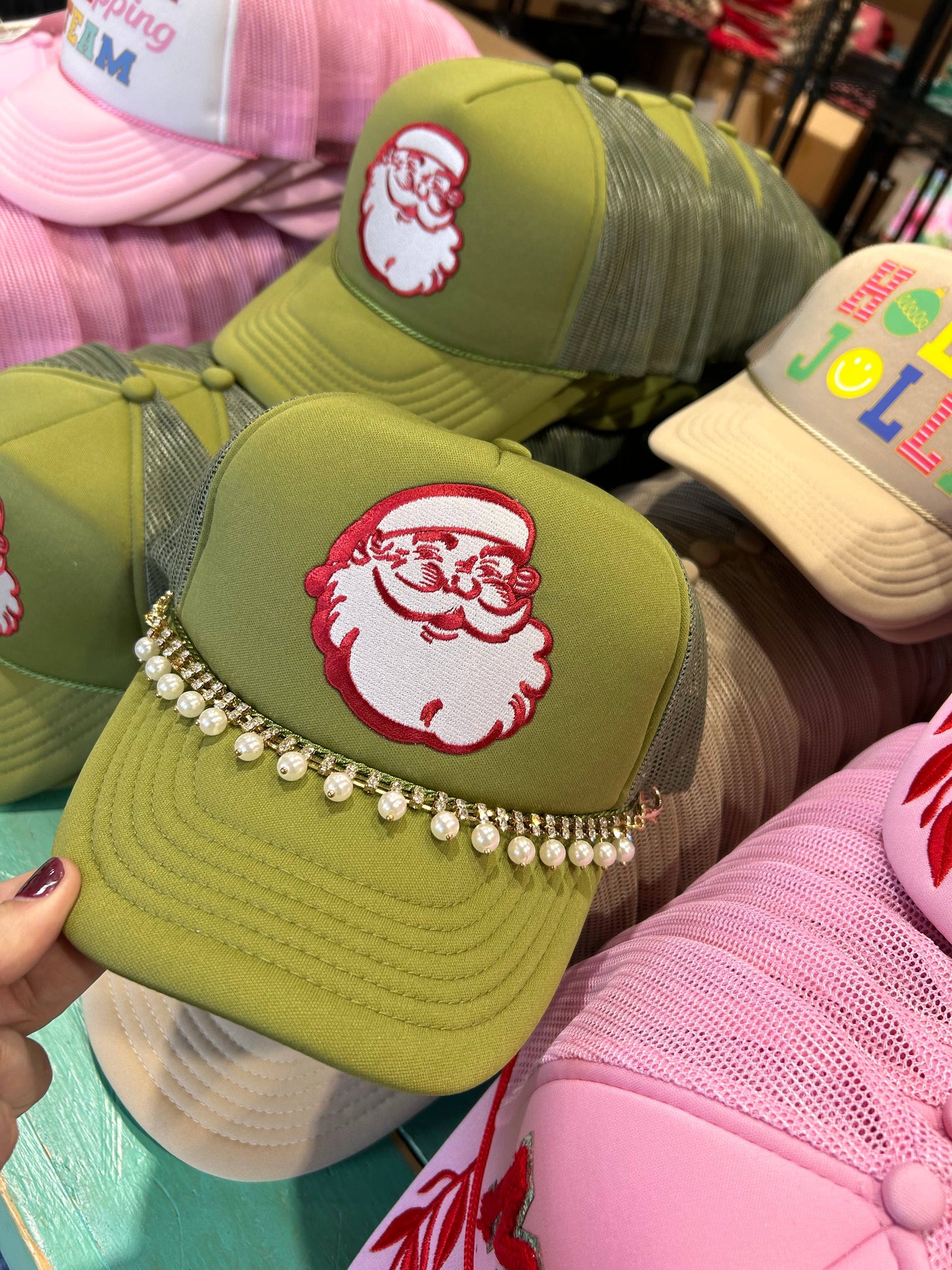 Santa Face Trucker Hat | Olive Foam Trucker