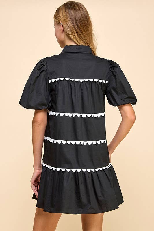 Sarah Scallop Detail Button Up Dress: Black
