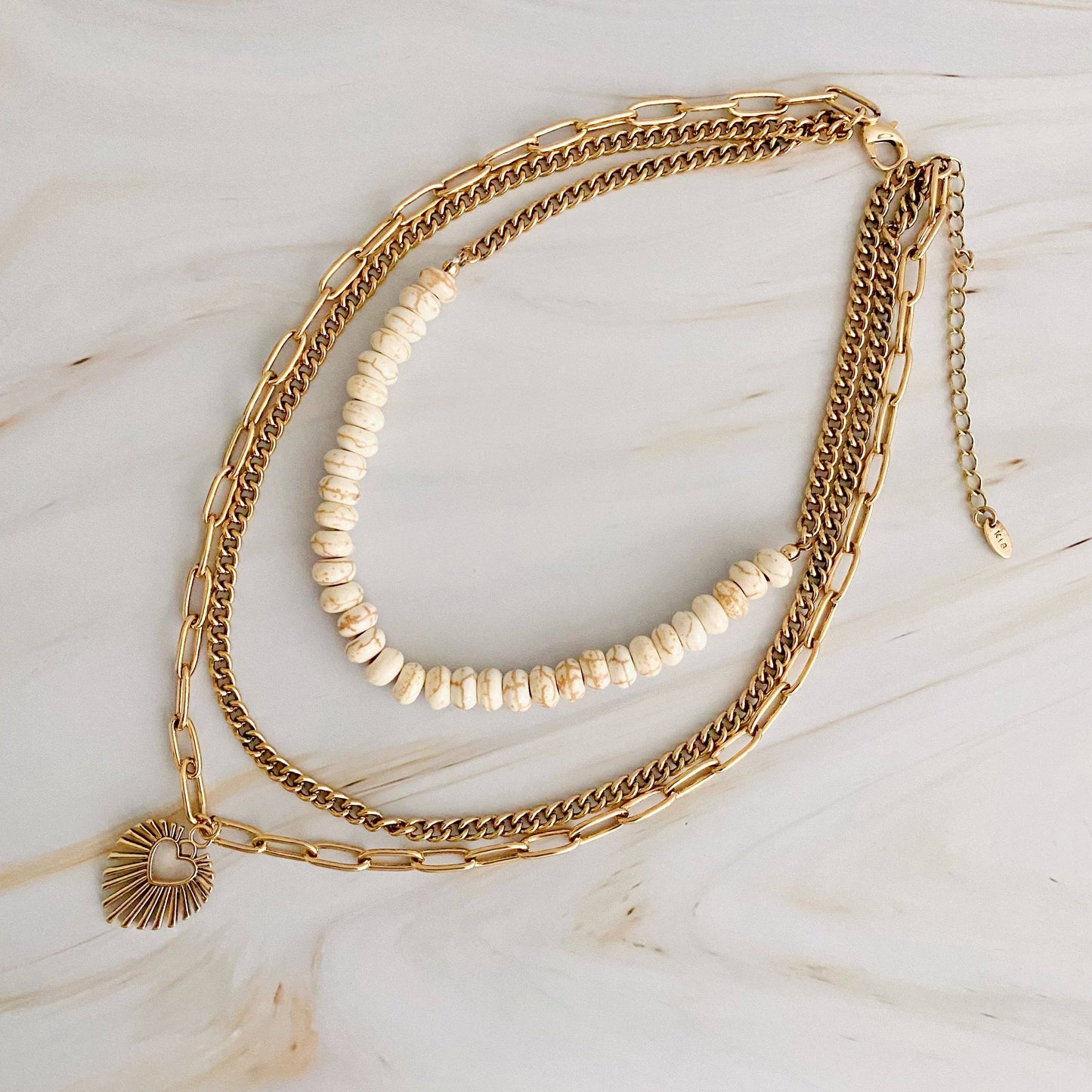 Resin Bead Golden Heart Layered Necklace: Gold