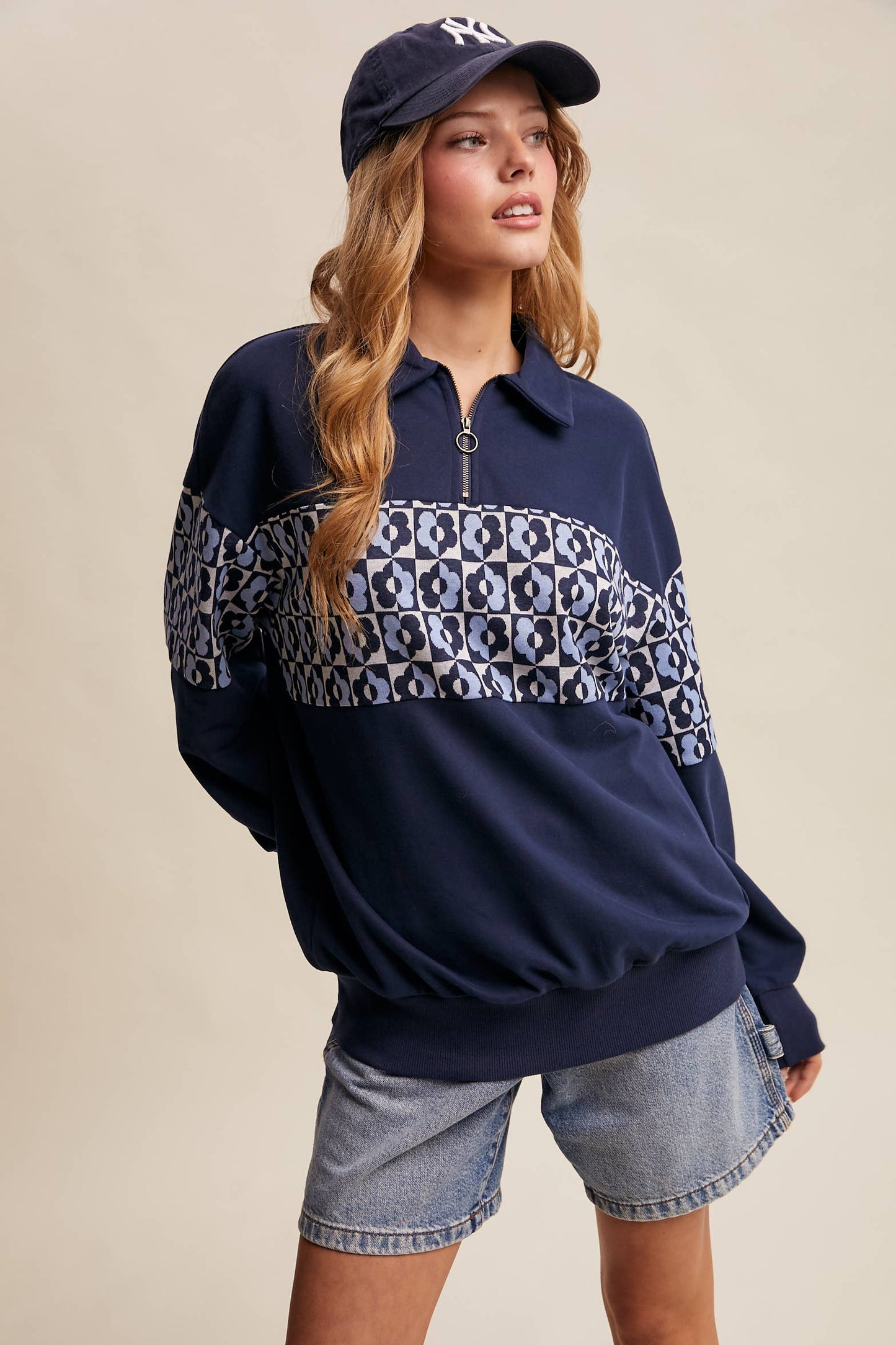 Retro Flower Panel Half-Zip Pullover : Navy