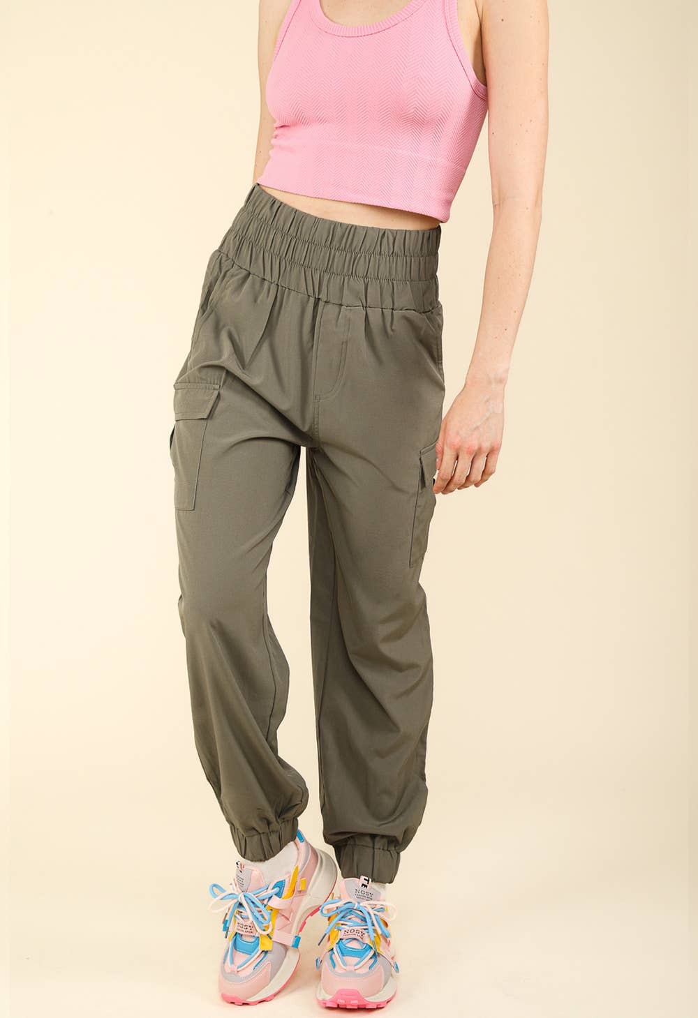 High Waisted Cargo Active Joggers w/ Pockets: Black