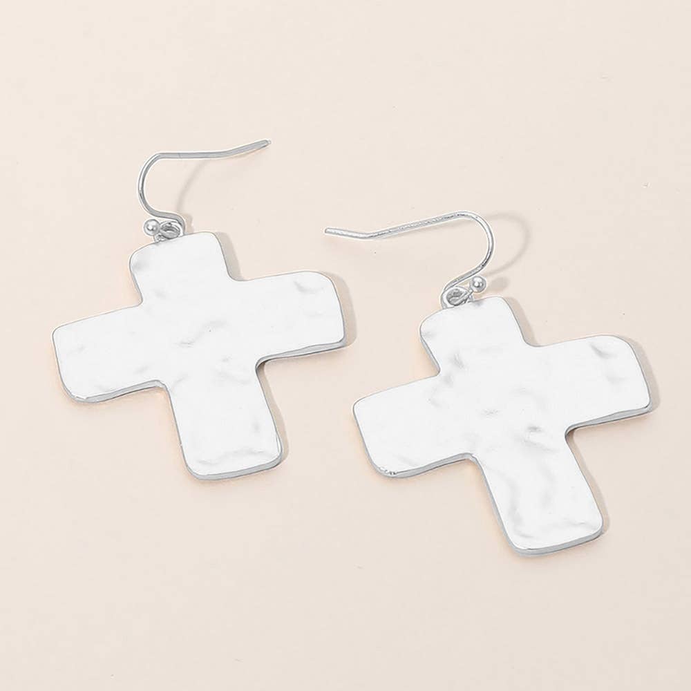 Hammered Metal Cross Dangle Earrings: Silver