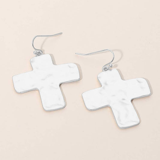 Hammered Metal Cross Dangle Earrings: Silver